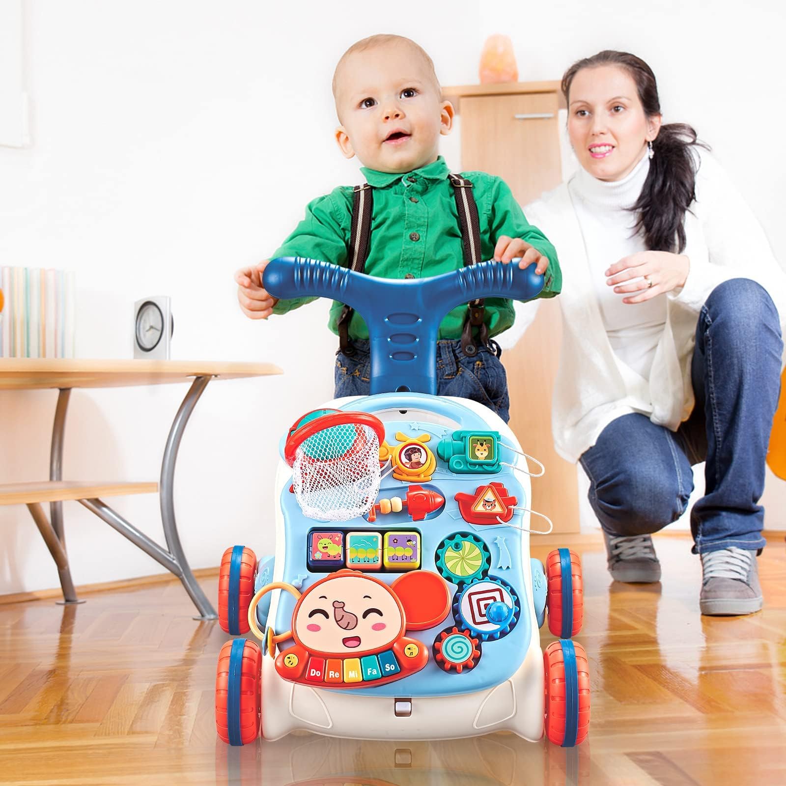 Primi Passi per Bambini, 3 in 1 Girello per Bambini, Piastra da Gioco Rimovibile, Centro di Attività Educativa Precoce, Girello con Ruote in Gomma, Giocattolo per Bambini 6+ Mesi, Blu e bianco