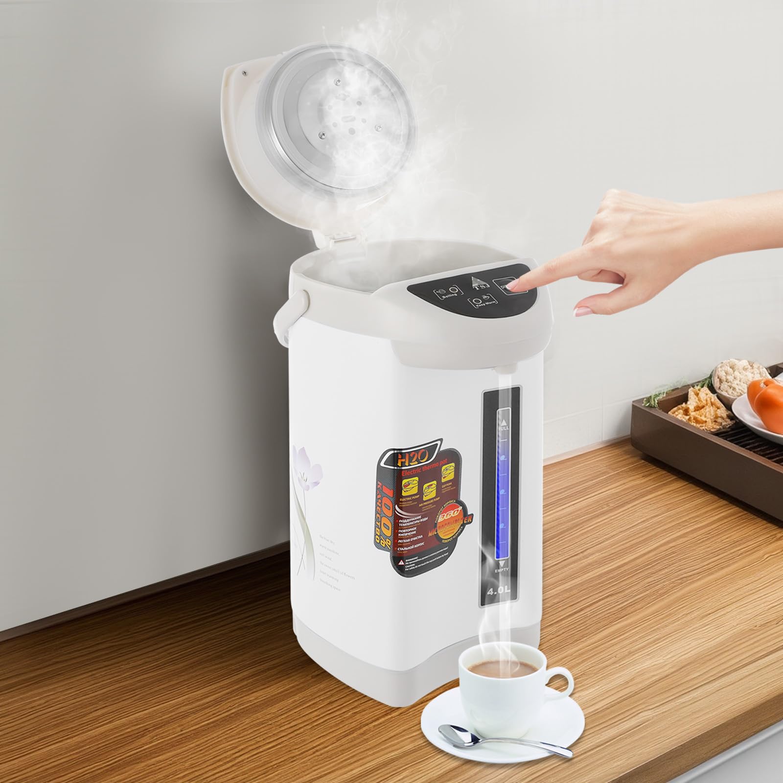 Dispensador de agua caliente de acero inoxidable de 4 litros, dispensador de agua, tetera, 750 W, termo de control de botones, depósito de agua para escuela, hogar, oficina, hotel (blanco)