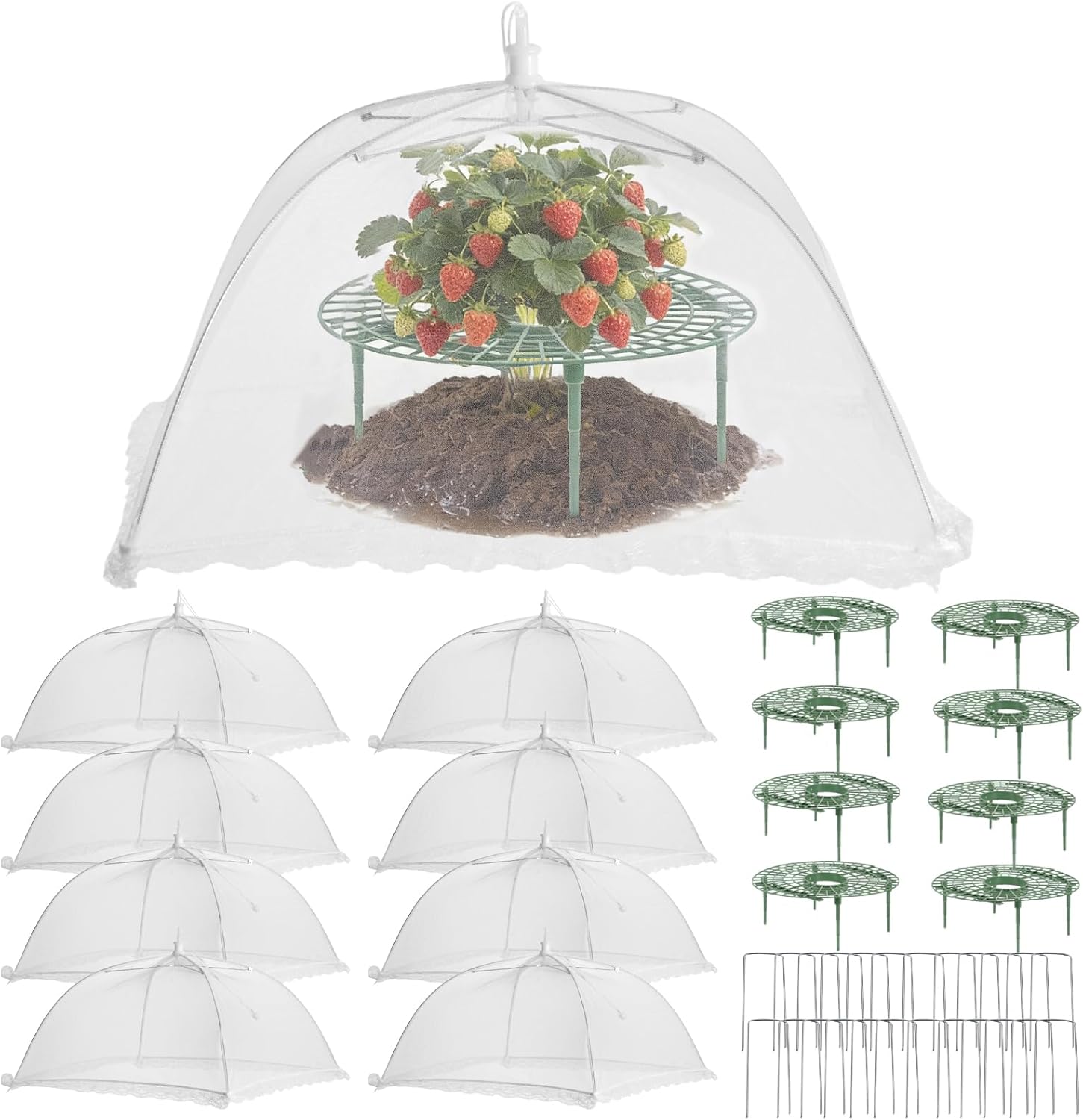 8 Set Strawberry Plant Support with Mesh Cover, Strawberry Growing Racks Sets with Iron Plant Nails and Storage Bag for Garden Strawberry Vegetables Protection Against Birds and Pests