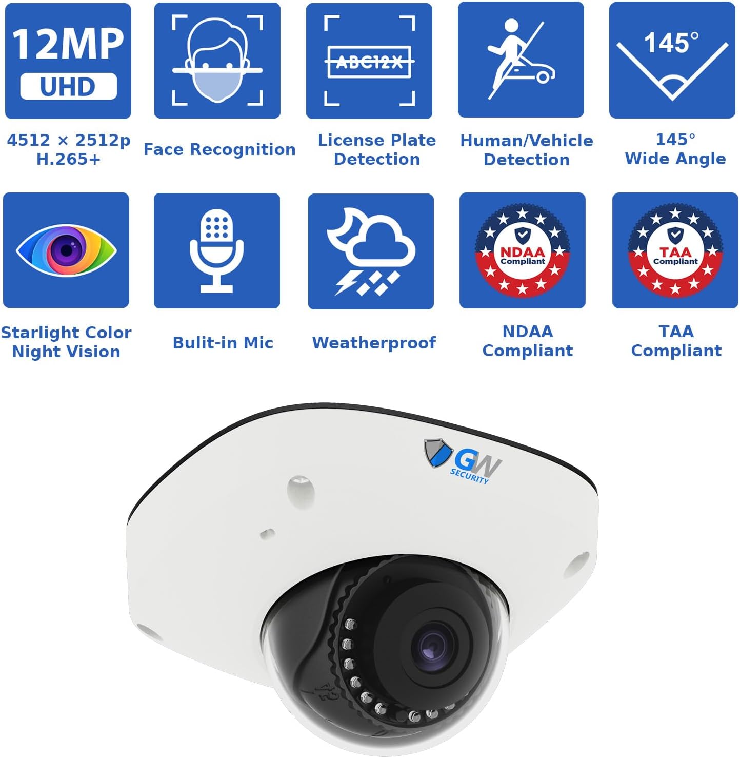 GW Security 64 Channel 12MP 4K @30FPS Face Recognition Human/Car Smart AI Detection PoE Security Camera System with 32 x 12MP (4512x2512P) IP Color Night Vision Waterproof Microphone AI Dome Cameras