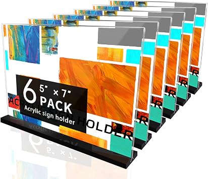 حامل لافتات أكريليك 5x7 6 عبوات، إطار مزدوج الجوانب على شكل حرف T، حوامل أكريليك لحامل نشرة العرض - المطاعم والعروض الترويجية والأحداث والاجتماعات الأفقية