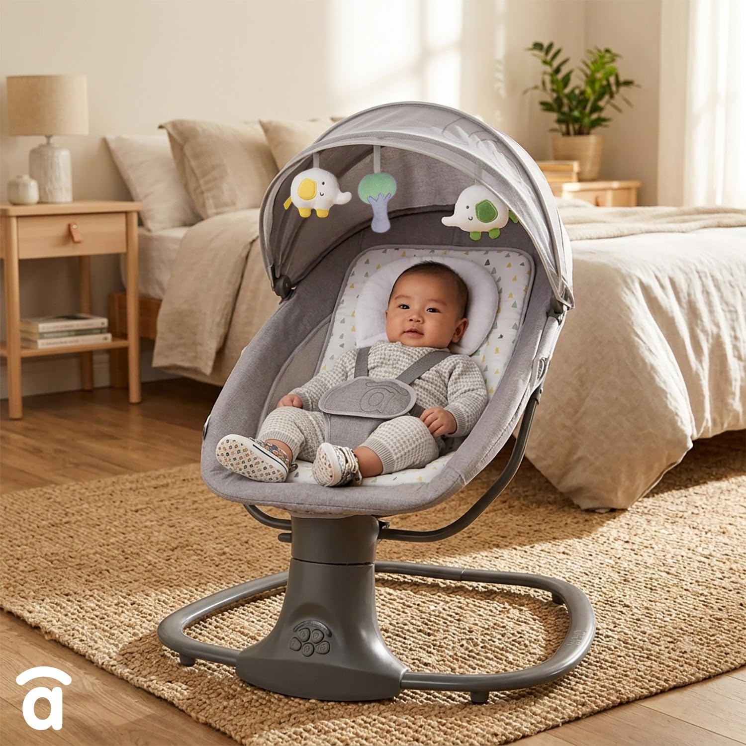 Amaca a dondolo con musica Bluetooth oscillazione automatica 5 livelli tettuccio zanzariera giocattolo poggiatesta 0 mesi 9 kg tessuto lavabile