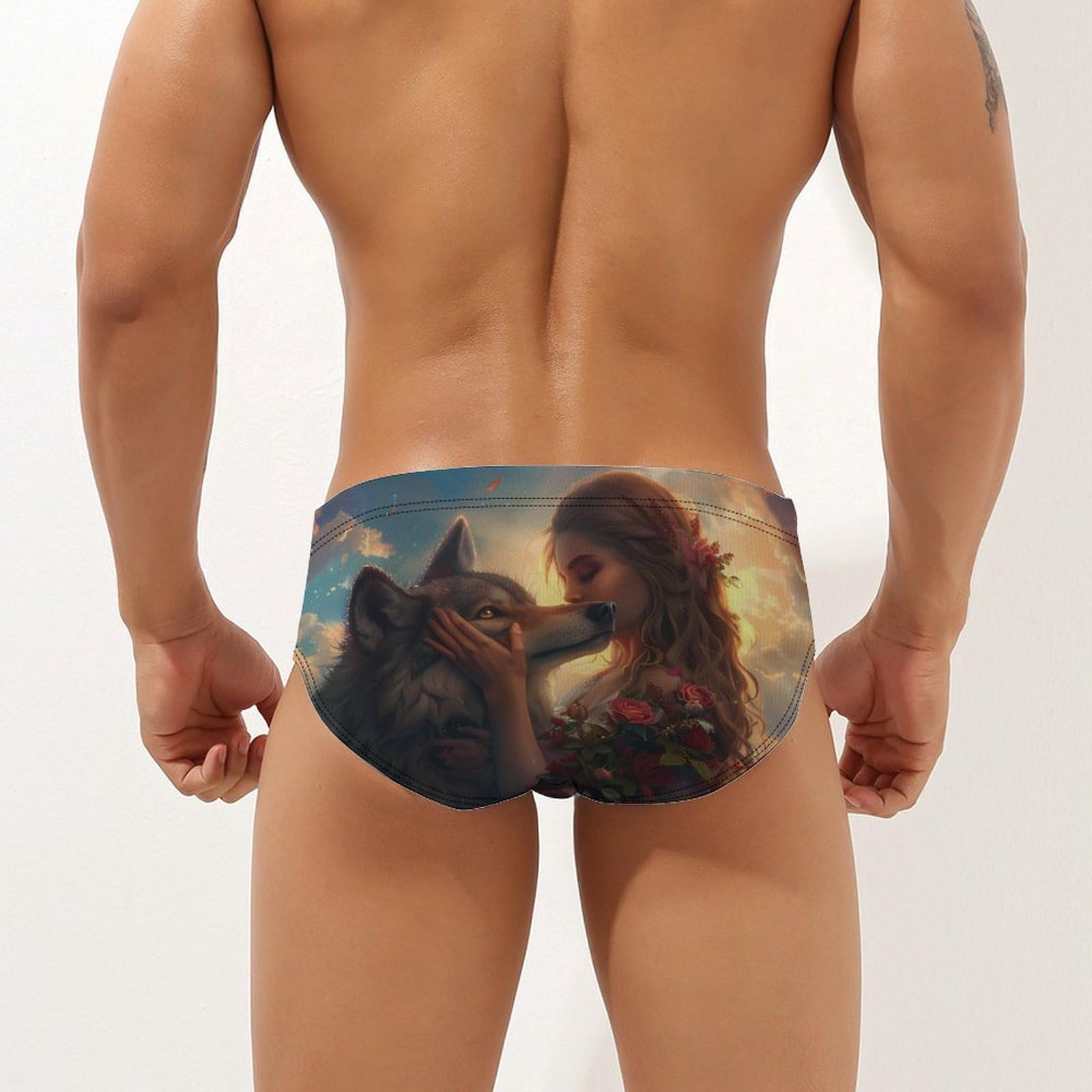 Wolf And Women Print Mens Swim Briefs Bikini Swimwear Print Beach Shorts Sexy Swimsuit 2XL