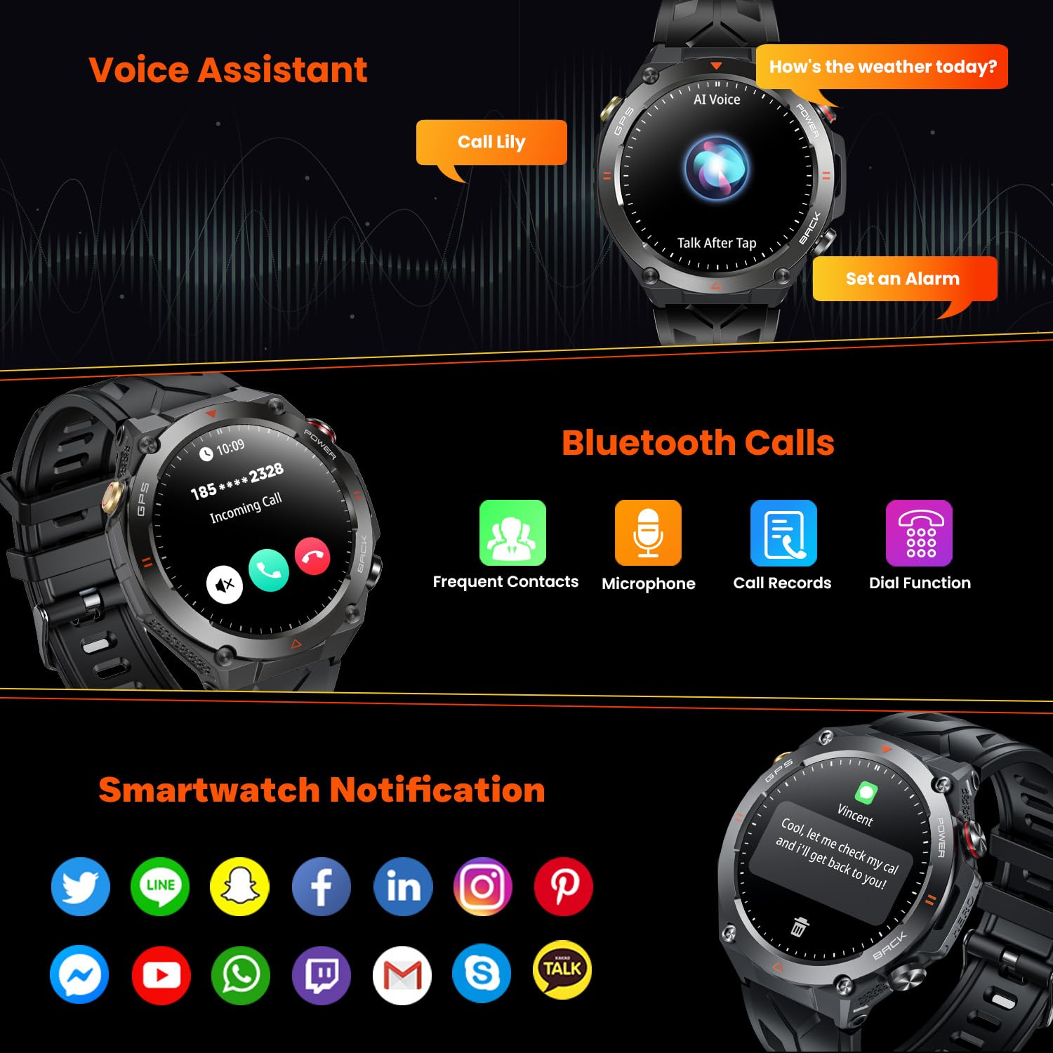 Orologio Smartwatch Uomo con GPS Sport: 1,45" Rotondo Orolog Intelligente con Chiamate Bluetooth Risposta Fitness Tracker 1ATM Impermeabile Monitoraggio Sonno 650mAH Batteria Compatibile iOS Android