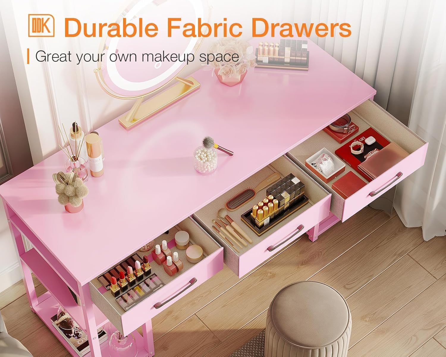 A close-up view of the desk's fabric drawers, demonstrating their capacity for organizing cosmetics and small items.