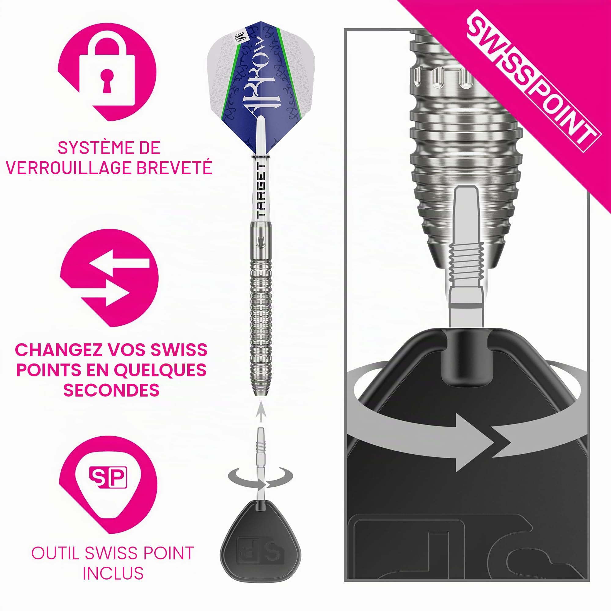 Target Darts Shane MC Guirk Generation 1 Swiss Point Jeu de Fléchettes à Pointe en Acier, 23G | Fléchettes Player Edition G1 90% Tungstène, Ailettes Pro Ultra NO.6, Manches Pro Grip Tag et Outil SP