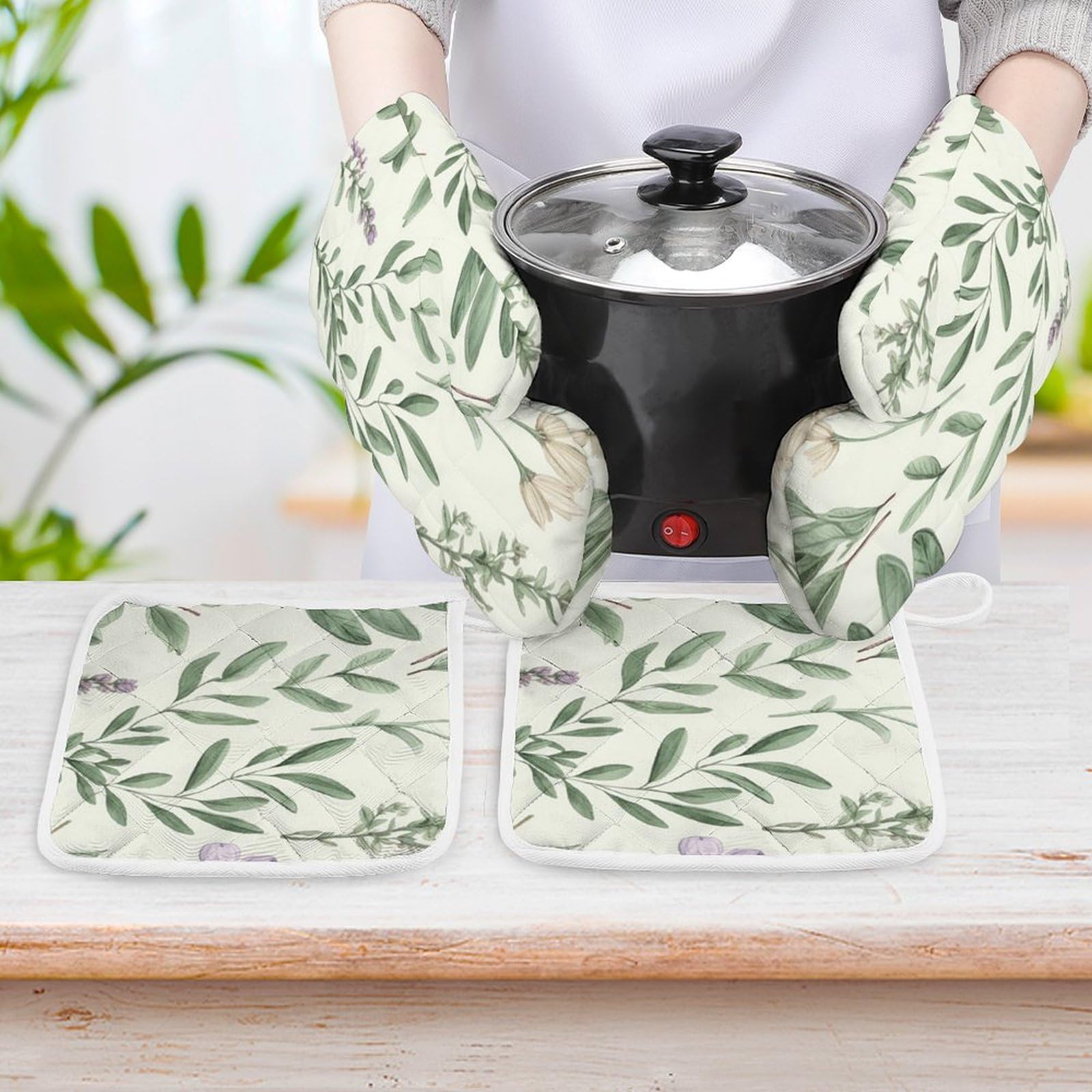 Set Da Cucina 4 Pezzi: Guanti Da Forno E Presine Floreali Vintage - Resistenti Al Calore E Antiscivolo