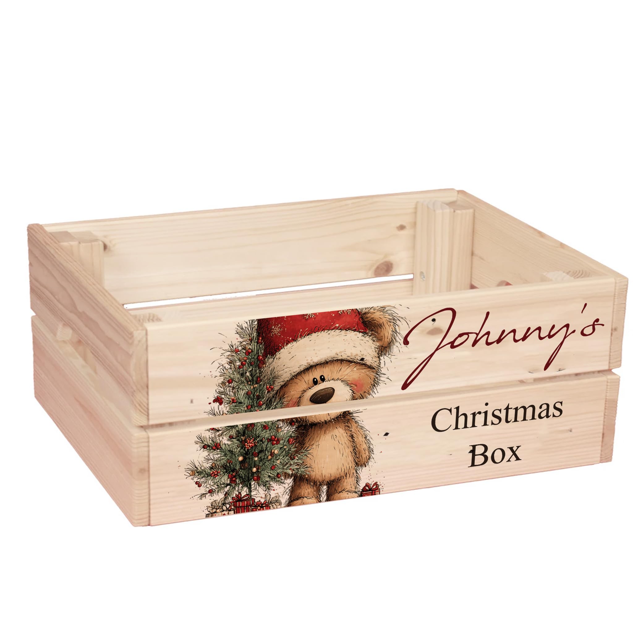 ukgiftstoreonline Personalised Christmas Eve Box with Santa, Trees, Reindeer, Snowman Designs, Wooden Storage Crate, 30.5 x 25 x 12 cm, Holiday Presentation Box with Side Handles (Teddy-4) โ image 1