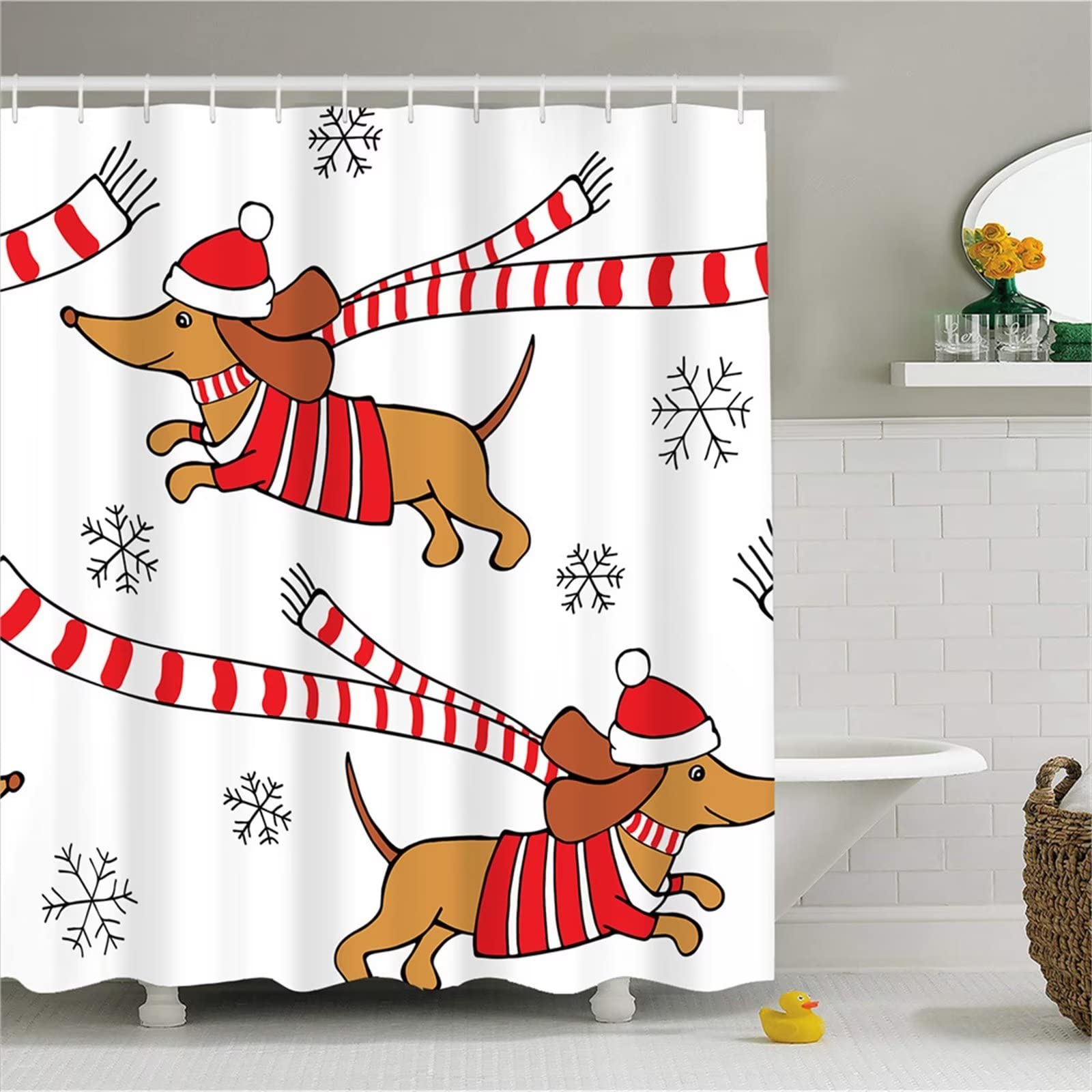 Cane di Natale Tenda Doccia W300cm x L180cm Tenda per Doccia Antimuffa, Tenda da Esterno Impermeabile Tessuto, 3D Tenda con Ganci per Dormitorio Famiglia Appartamento Hotel Doccia ​Bagno Decor