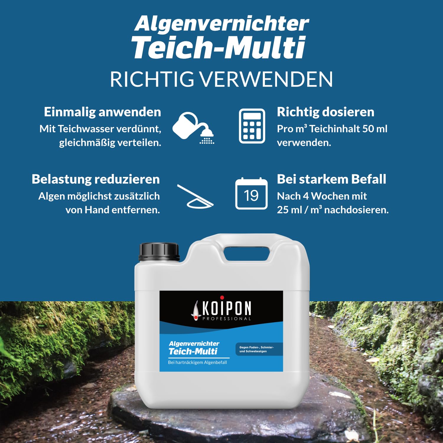 KOIPON Algenvernichter Teich-Multi 1L Gegen Fadenalgen Schmieralgen Schwebealgen Gartenteich