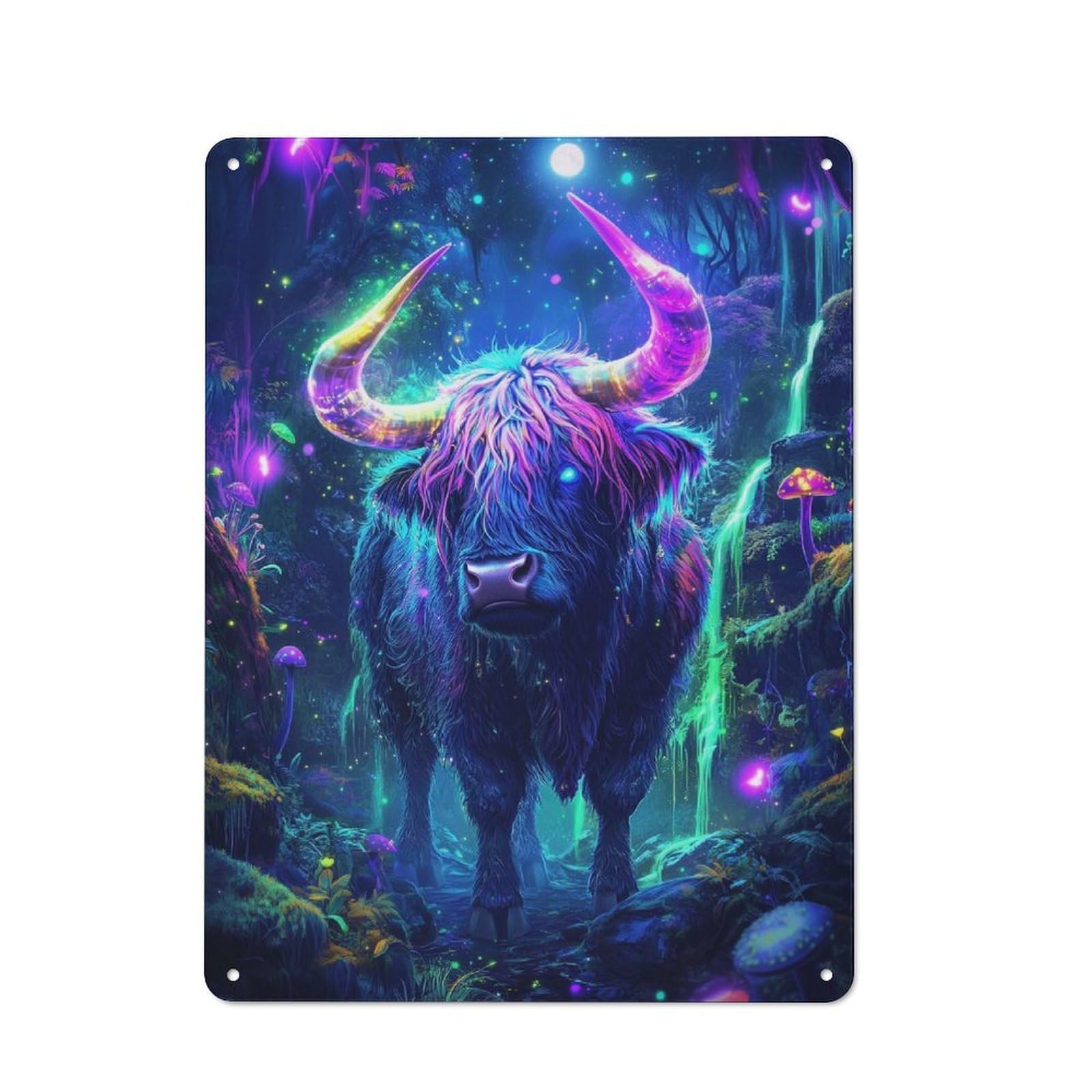Junmoney Neon Highland Cow In Forest Decorative Metal Sign 40X30cm, Creative Studio Wall Plaque For Hobby Room, Office, Lounge Or Living Room