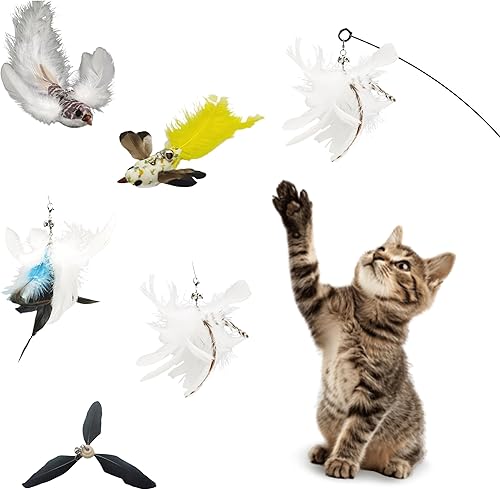Miniatura 9 de Juguete interactivo con ventosa para gatos de interior, pájaro de plumas de cola larga, succiones de alambre de resorte al suelo, juego de varita de