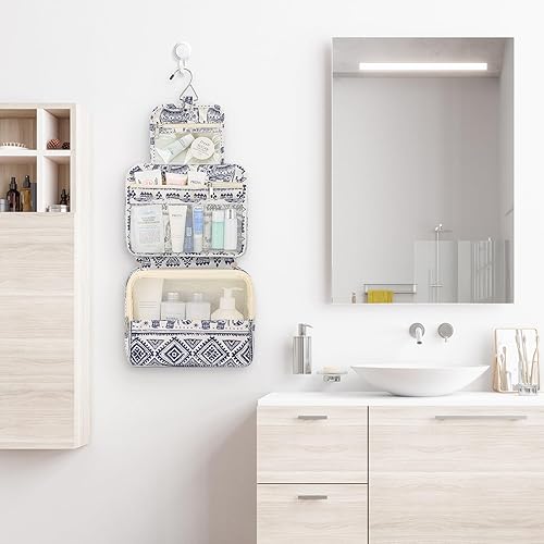 Miniatura 13 de Mossio Neceser colgante con gancho resistente, organizador de viaje grande portátil para maquillaje cosmético para hombres y mujeres Beige,Pájaro