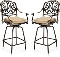 VINGLI Outdoor Swivel Bar Stools Set of 2 - Cast Aluminum Patio Bar Height Chairs, All-Weather Rust-Resistant with Elizabethan Back Design