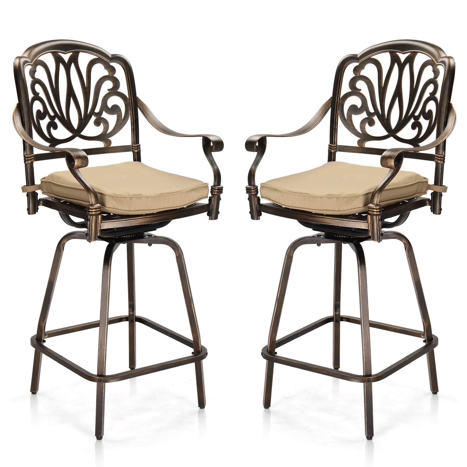 VINGLI Outdoor Swivel Bar Stools Set of 2, Cast Aluminum Patio Bar Height Chairs, All-Weather Bar Dining Chairs Outdoor Swivel Patio Furniture (Elizabethan Back)