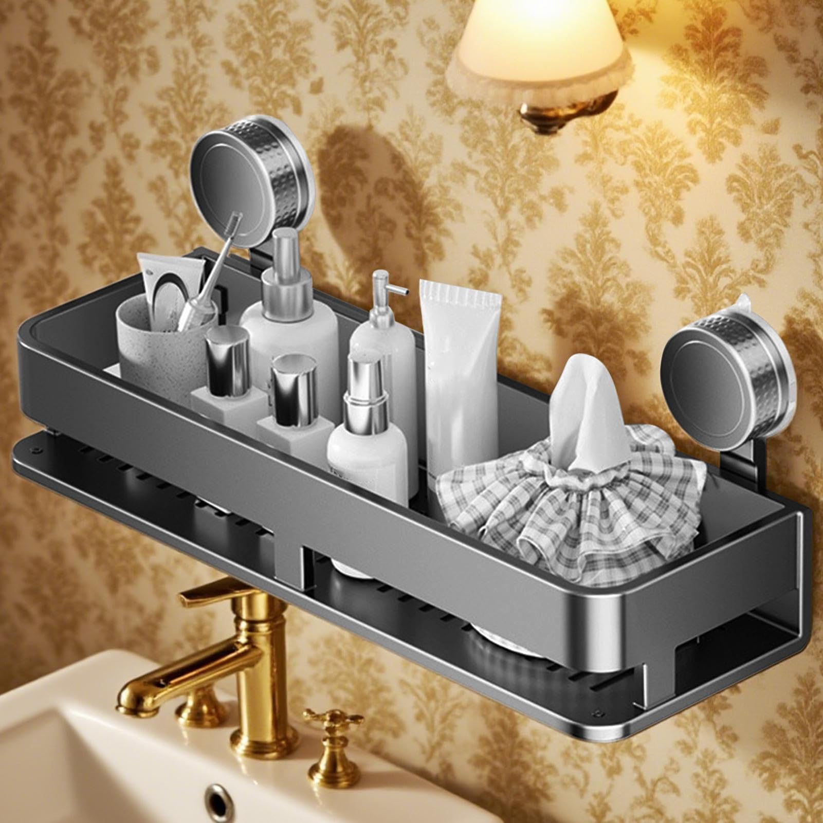 Wandmontiertes Saugnapf-Regal, 5 Haken, Küchenregal für Gewürze, Gewürze und Zubehör, ideal für Fliesen, Metall, Marmor, Wohnmobil und Camping, 81,3 x 17,8 x 36,8 cm