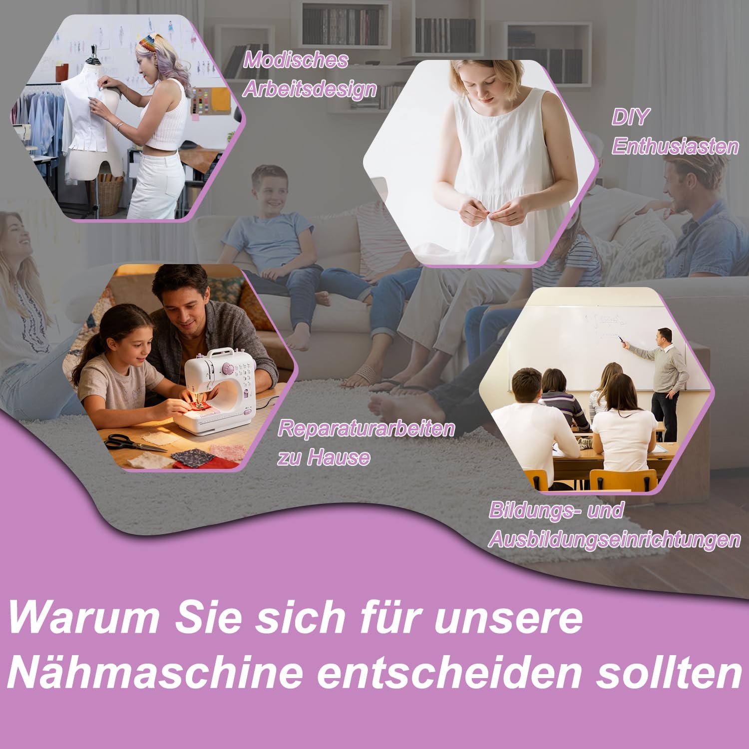Nähmaschine Anfänger mit 12 Stichmustern Nähzubehör-Set Nähmaschine Elektrisch mit 42 Teilen Zubehör, Leicht Tragbar für DIY & Handarbeit - für Kinder & Erwachsene (Lila/Weiß)