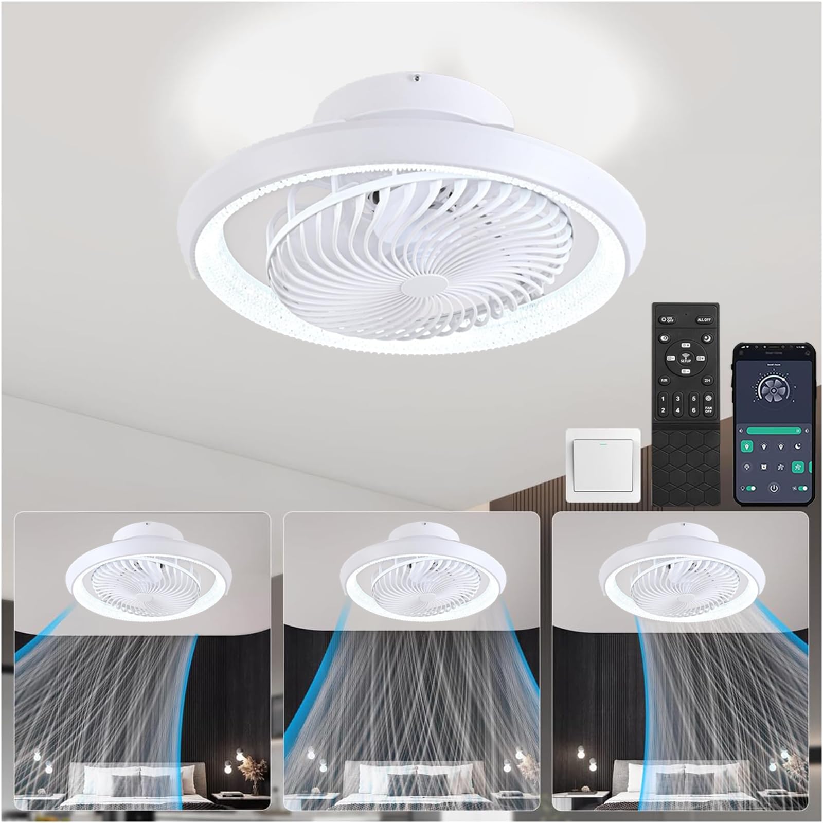 49cm Ventilatore da Soffitto con Luce e Telecomando, Silenzioso Lampadario Ventilatore LED, Rotante a 360°, 6 velocità, 72W Plafoniera con Ventilatore per Camera da Letto Soggiorno, Bianco