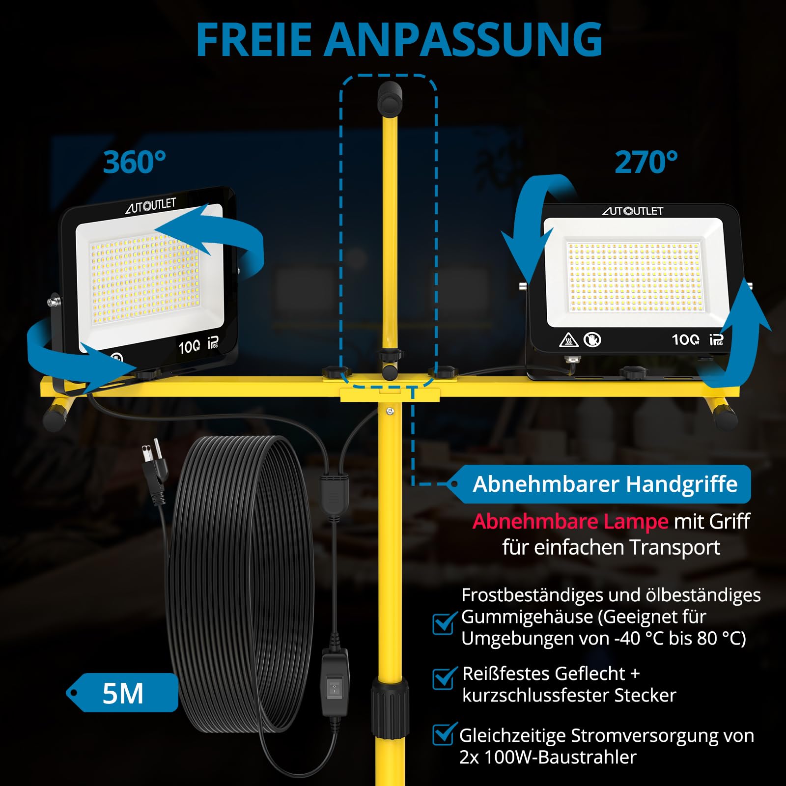 AUTOUTLET Baustrahler LED mit Stativ, 2x 100W 19000LM LED Strahler Arbeitsleuchte mit 3 Farbtemperaturmodi, verstellbarer Stativ & 5M Netzkabel IP66 Wasserdicht,abnehmbar Baulampe für Garage Baustelle