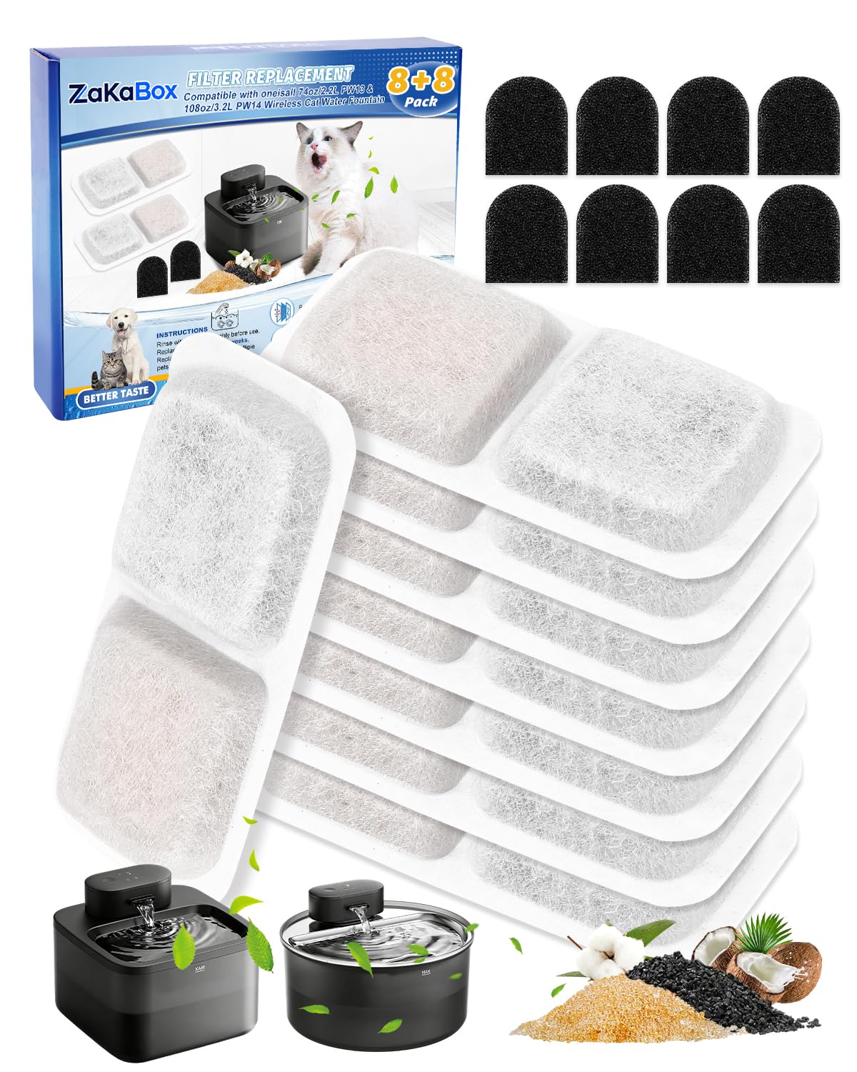 ZaKaBox 16 Cat Fountain Filters for Oneisall 2.2L Wireless Cat Water Fountain, PW13 PW14, Multi-Layer Filtration Provides Clean and Healthy Water, 8 Filters with 8 Sponges (8+8)