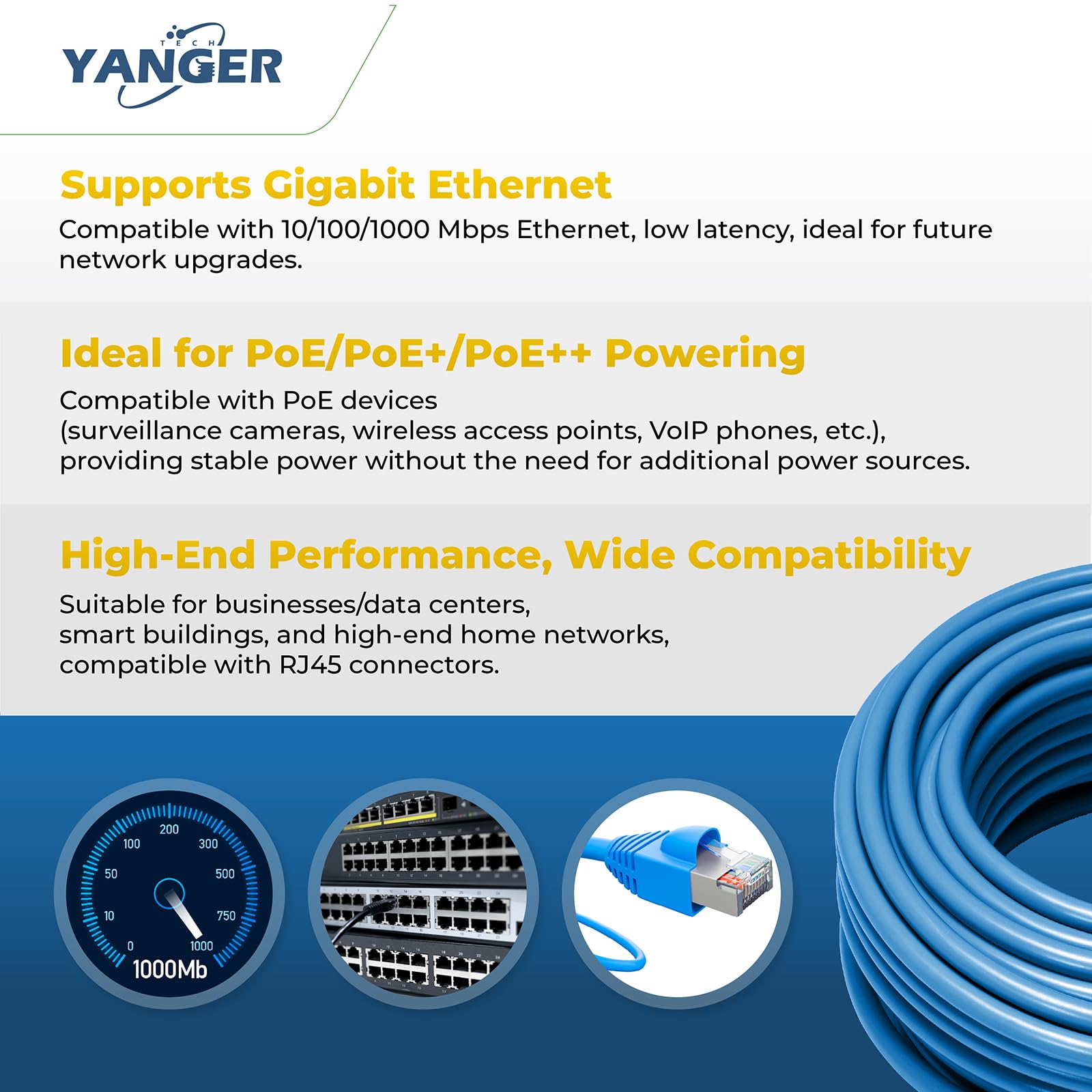 YANGER Cable Ethernet CAT6 152M - 23AWG Cobre Puro 100%, 10 Gigabit, POE++, UTP, para Centro de Datos/Oficina/Dispositivos Hogar Inteligente 4K/8K/VR, Cable LAN en Bobina, Azul