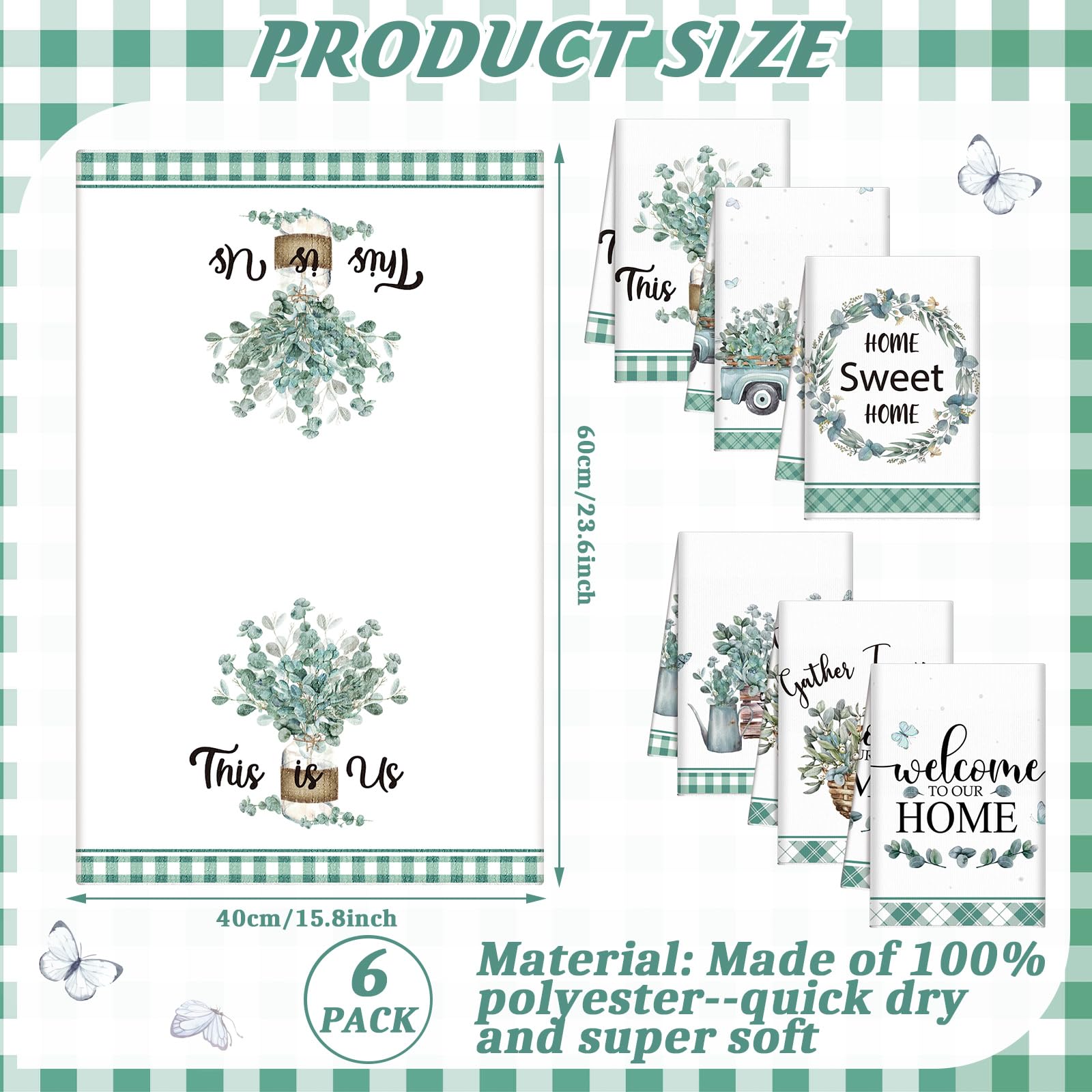 6 Pcs Eucalyptus Leaves Kitchen Towels Farmhouse Home Dish Towels Kitchen Absorbent Green Decorative Tea Hand Cloth with Hanging Loop for Bathroom Home Housewarming Gift