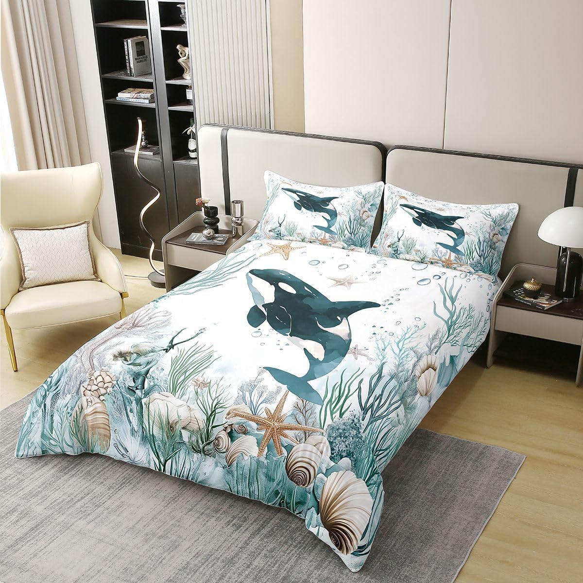 Erosebridal Killer Whale Orca 100% Cotton Duvet Cover Coastal Ocean Bedding Set Twin Size,Nautical Sea Starfish Comforter Cover Wildlife Teal Blue Bed Set