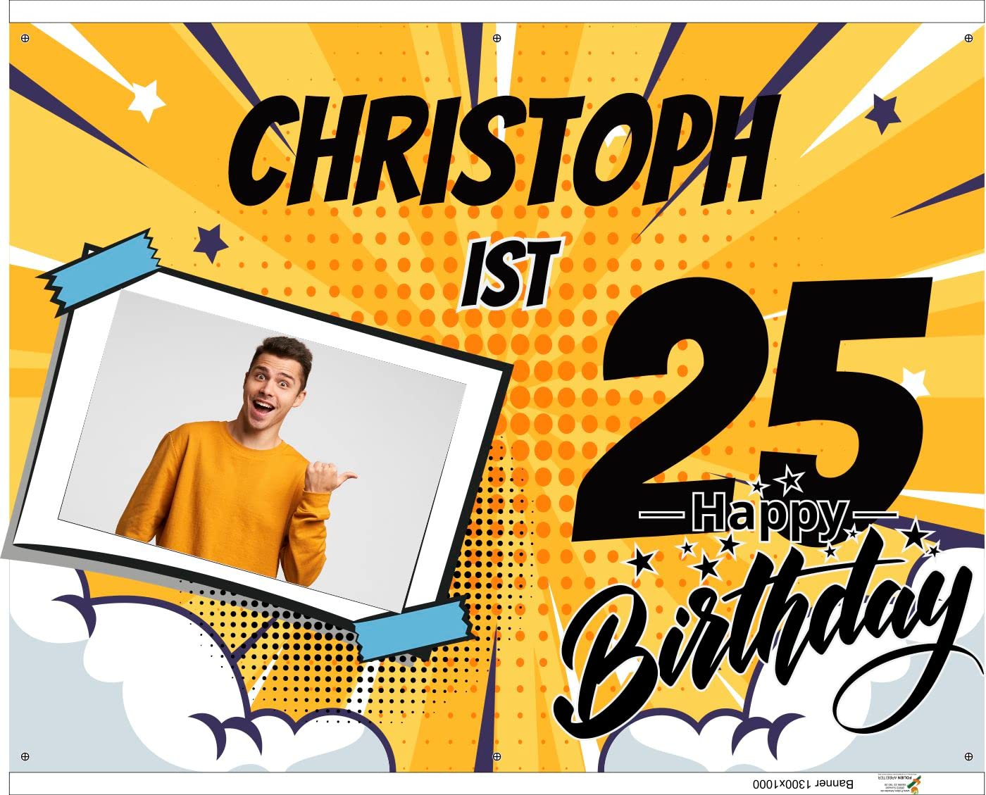 Geburtstag Banner Comic Style 130x100 cm Happy Birthday, Banner Personalisierbar mit Foto und Name und Alter Wunschtext