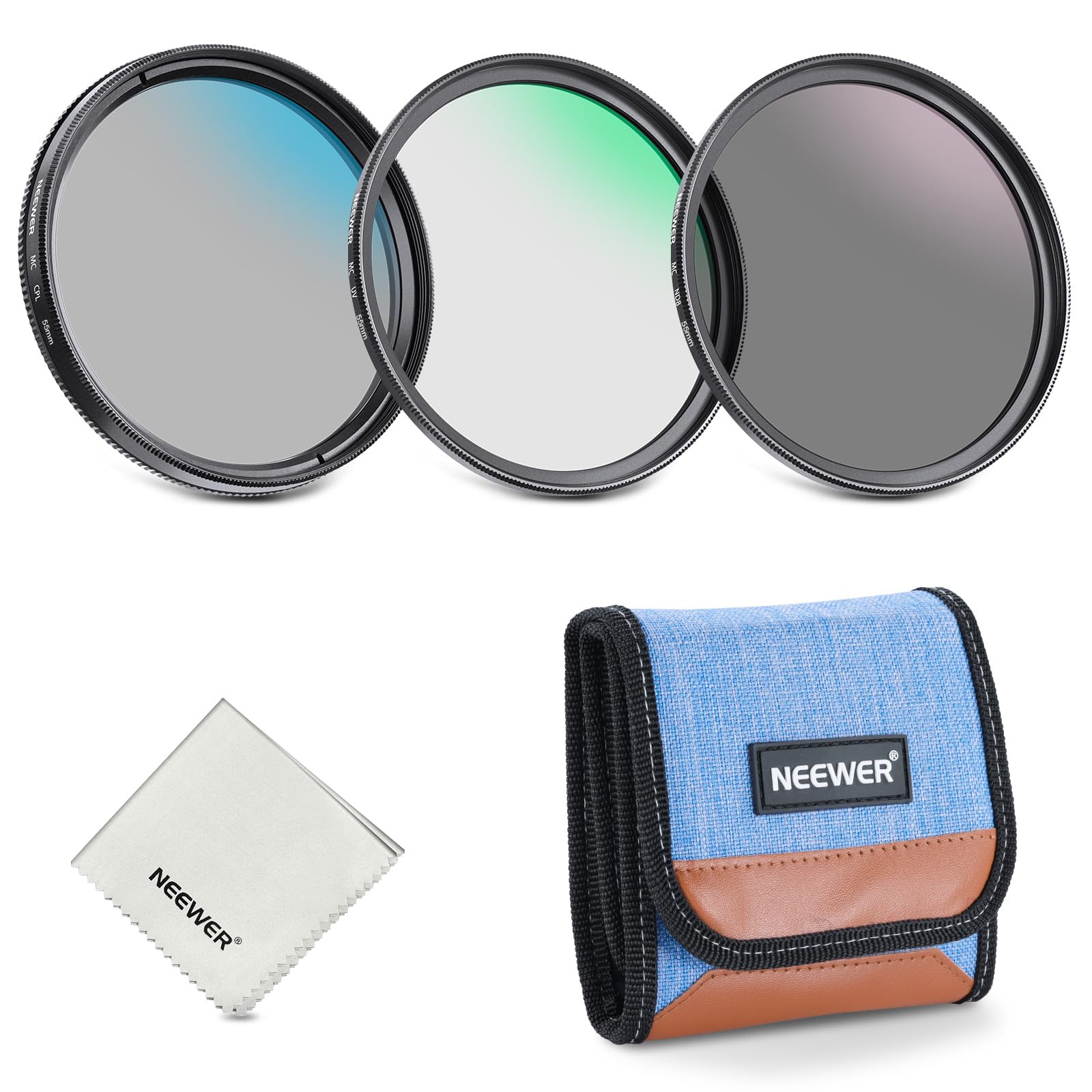 NEEWER Zestaw filtrów UV 55 mm ND CPL, ochrona UV polaryzator kołowy neutralna gęstość (ND8), zestaw filtrów do aparatu z wielowarstwowym szkłem optycznym, cienką ramą i składaną obudową