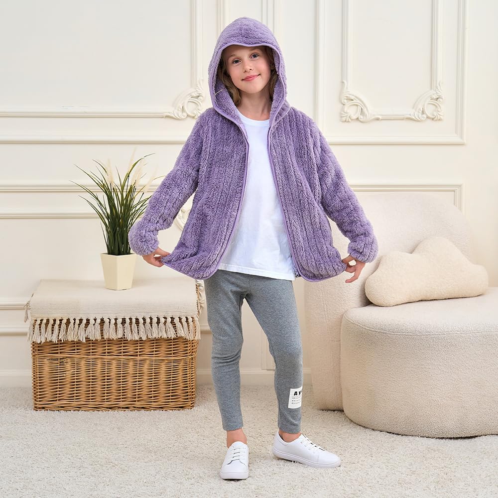 Girls Fleece Jackets Sherpa Fuzzy Hoodies Light Pullover Full Zip Up Kids Sweatshirts Size 3-12 Years - Image 4
