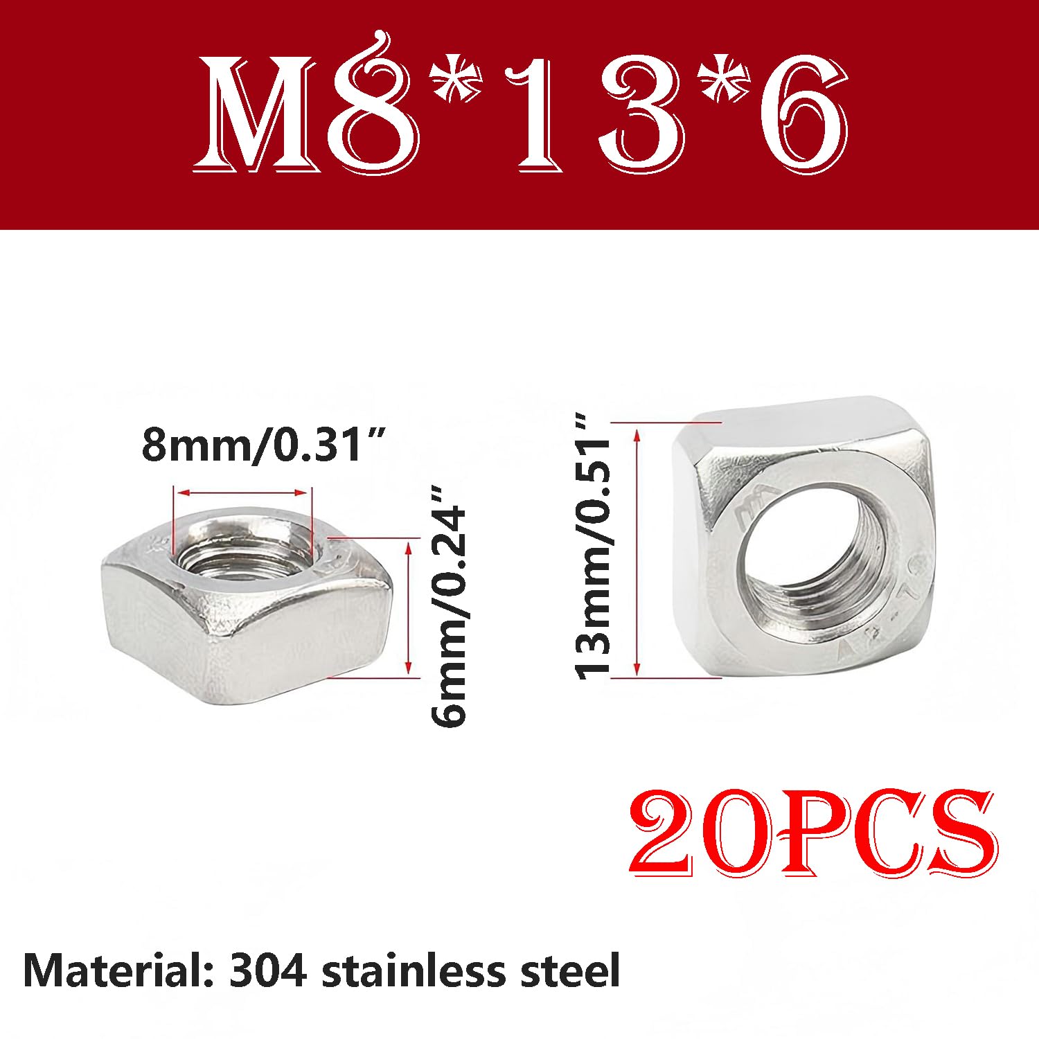Qrity 20 Pezzi Dadi Quadrati M8 x 13 mm x 6 mm in Acciaio Inossidabile 304, Dado per Giunti e Montaggio Mobili in Legno