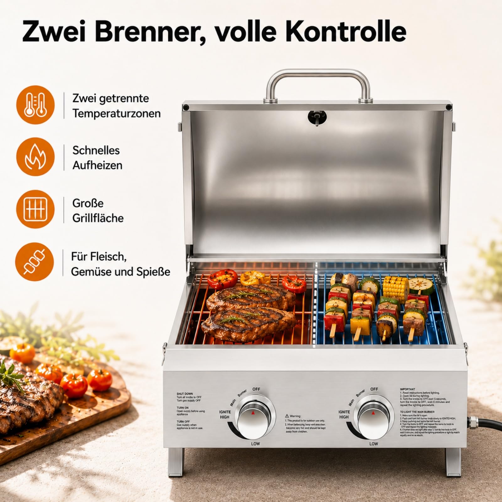 Barbecue à gaz portable en acier inoxydable - 2 brûleurs en acier inoxydable - 55,8 x 45 x 38 cm - Barbecue de camping - Pieds pliables - Pour balcon, camping, jardin