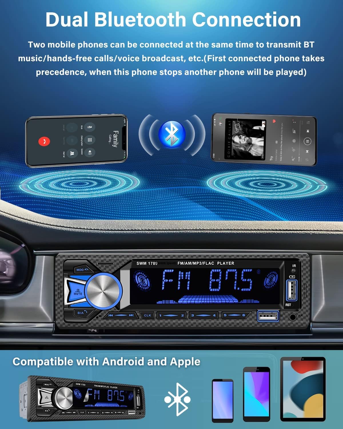 Hikity 1Din Autoradio mit Bluetooth Freisprecheinrichtung, Dualer BT Anschluss, MP3/FM Player mit SD/AUX/2USB und Fernbedienung/7 Farben, 4x60W Verstärker