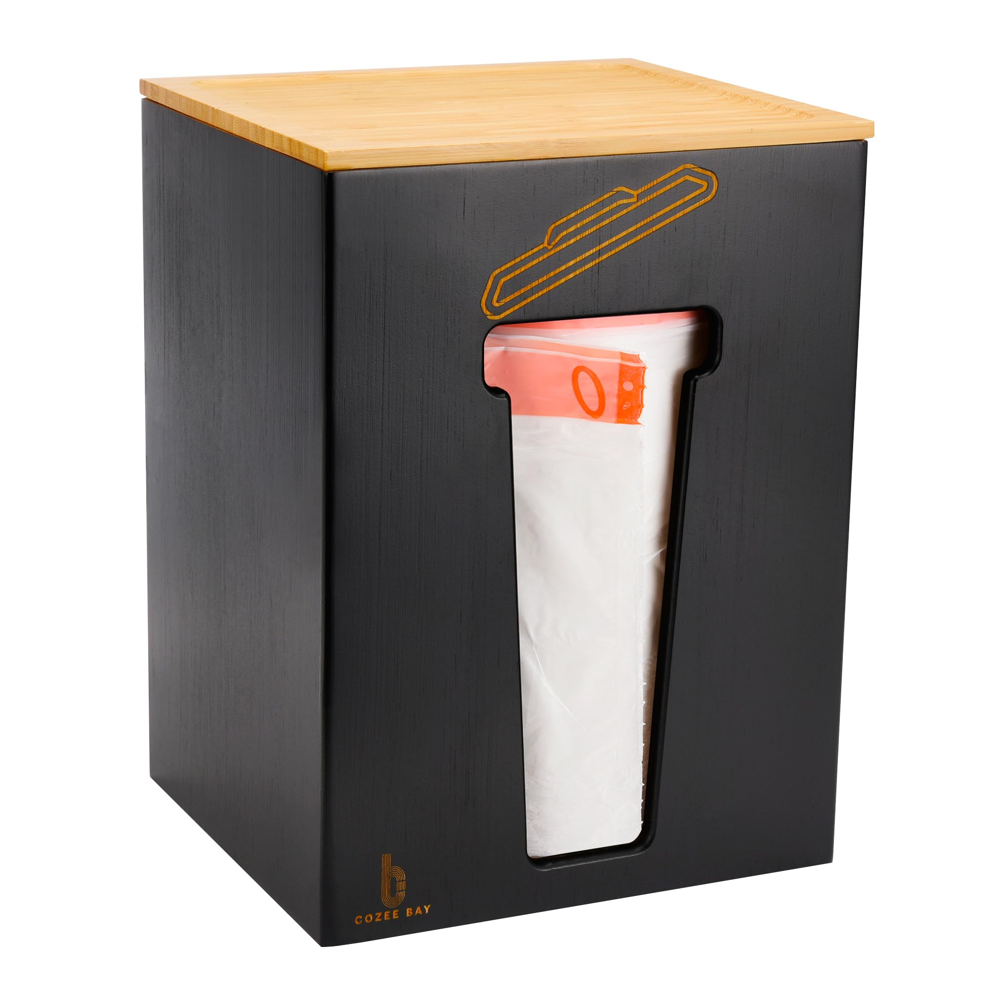 Cozee Bay Bamboo Trash Bag Dispenser with Lid, Trash Bag Holder Organizer, Garbage Bag Dispenser for Kitchen Countertop, Under Sink and Wall Mount - Extra Large (Black)