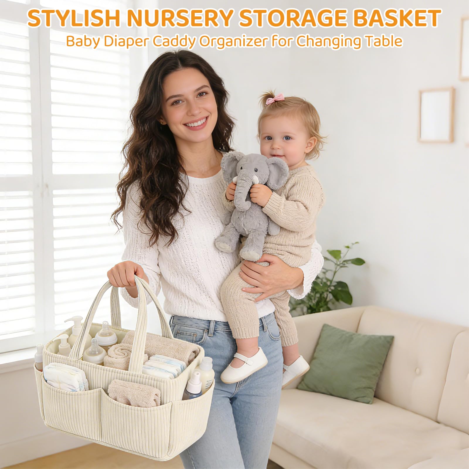 Panier à langer en velours côtelé pour table à langer, organiseur de couches pour bébé avec compartiments interchangeables, panier de rangement élégant pour chambre d'enfant (Blanc cassé)