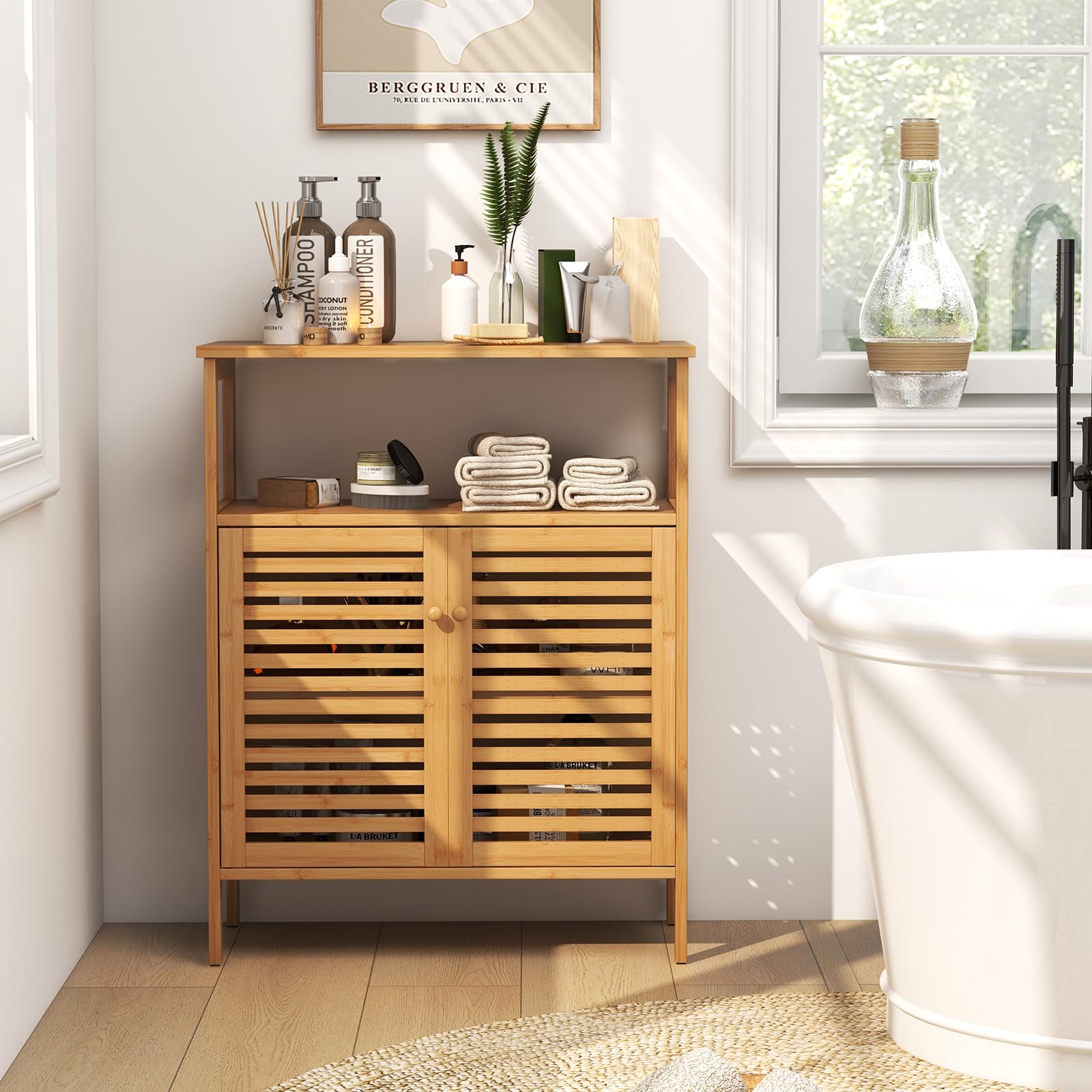 Tangkula Bamboo Floor Cabinet, Bathroom Storage Cabinet with Double Slatted Doors, Open Shelf, Removable Shelf, Storage Organizer for Bathroom Doorway Living Room Kitchen