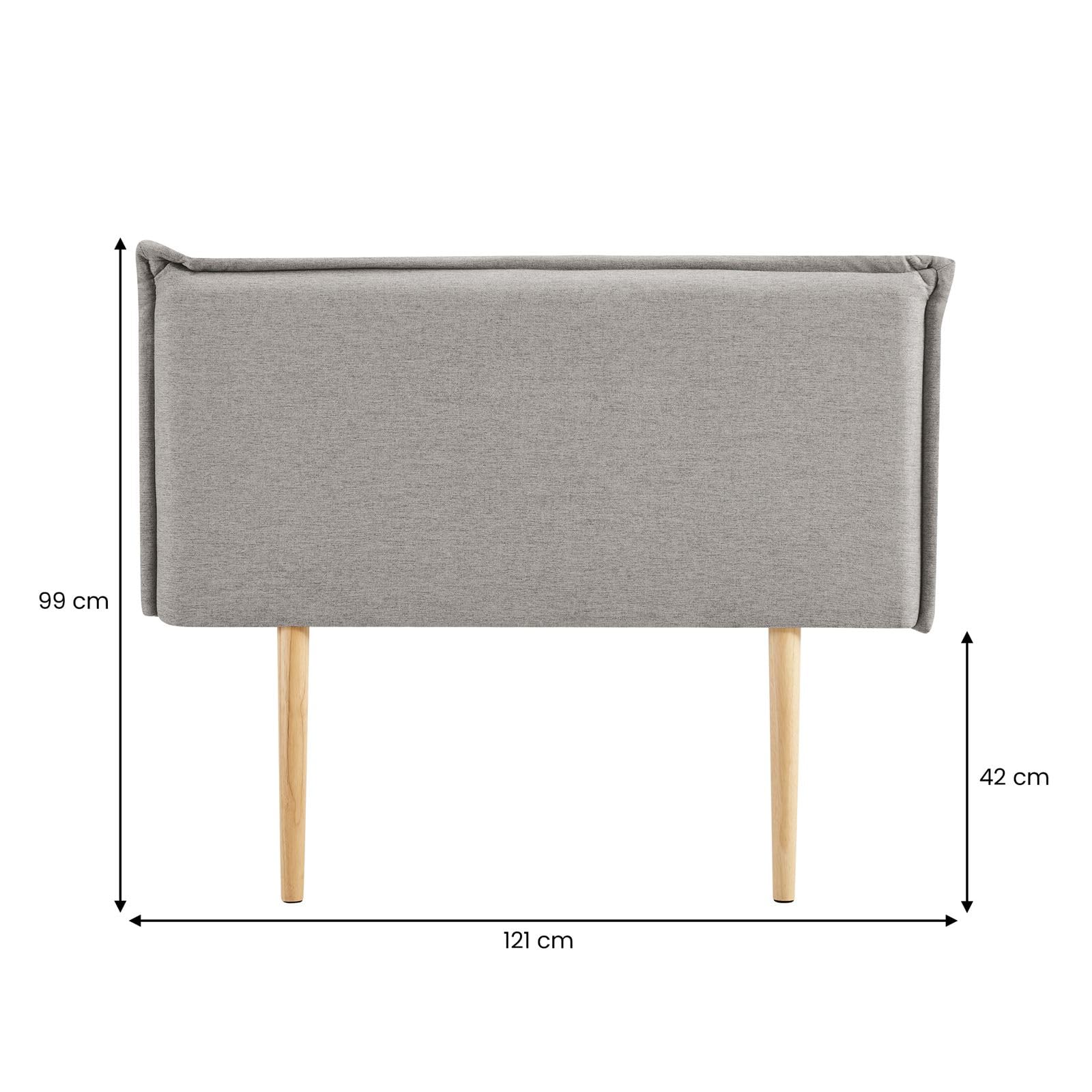Testiera Basol con gambe in legno, 120 cm, colore grigio, testiera imbottita con tessuto di alta qualità per letto singolo