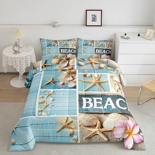 Miniatura 3 de Erosebridal Edredón de playa Hawaii, juego de ropa de cama y colecciones de conchas marinas con estrellas de mar, flores de cerezo rosa, edredón de