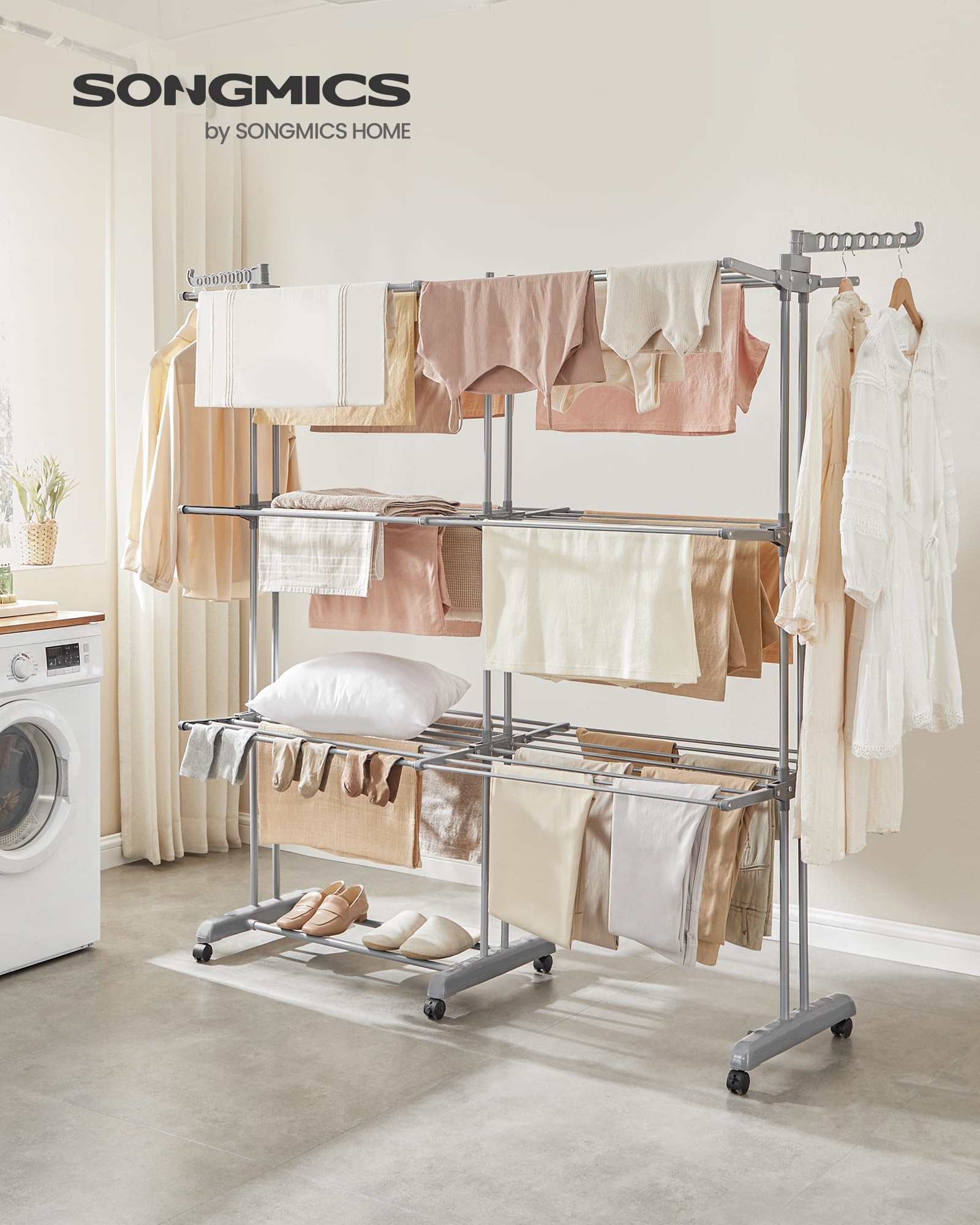 SONGMICS Wäscheständer, Standtrockner 4 Ebenen, ausziehbar, Flügelwäscheständer, klappbare Flügel, mit Rollen, 63,5 x (131-200) x 177,5 cm, groß, einfacher Aufbau, Taubengrau LLR704G01