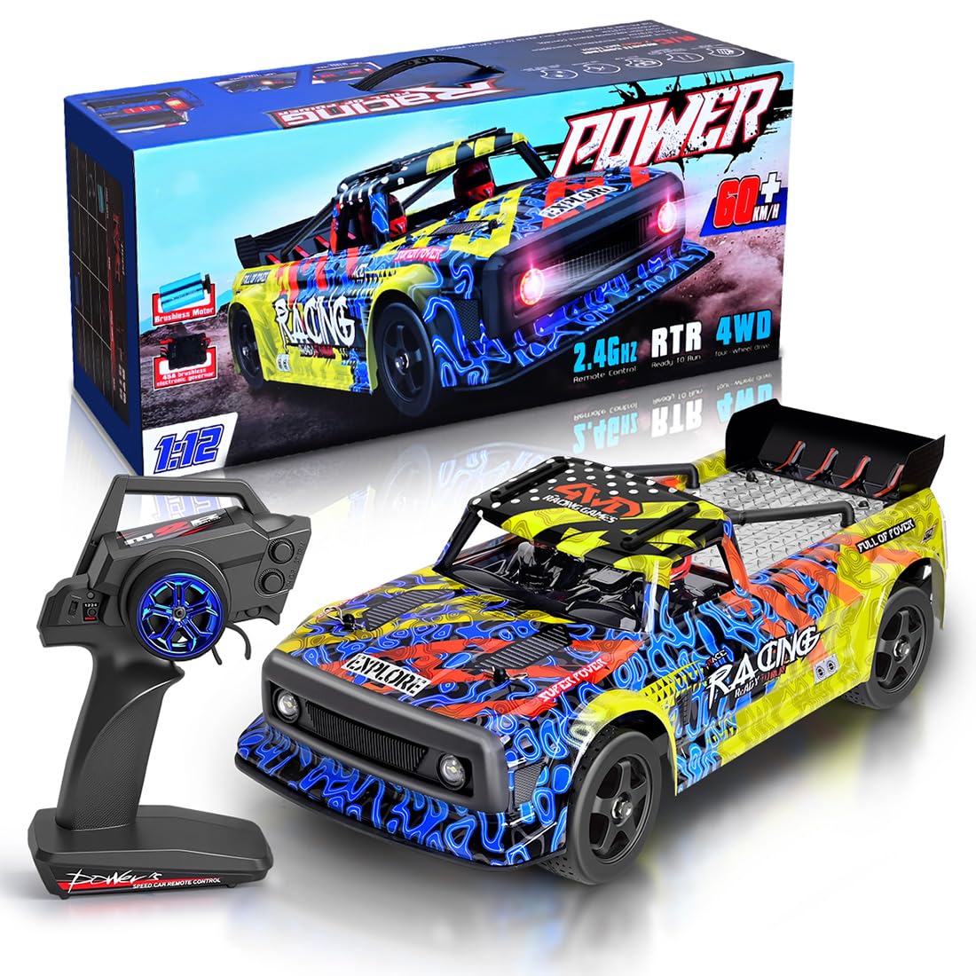 WLtoys 124020 RC Drift Car 1:12, velocità massima 60 km/h, trazione integrale 2,4 GHz, motore brushless, ammortizzatore in metallo, illuminazione a LED (rosso e giallo)