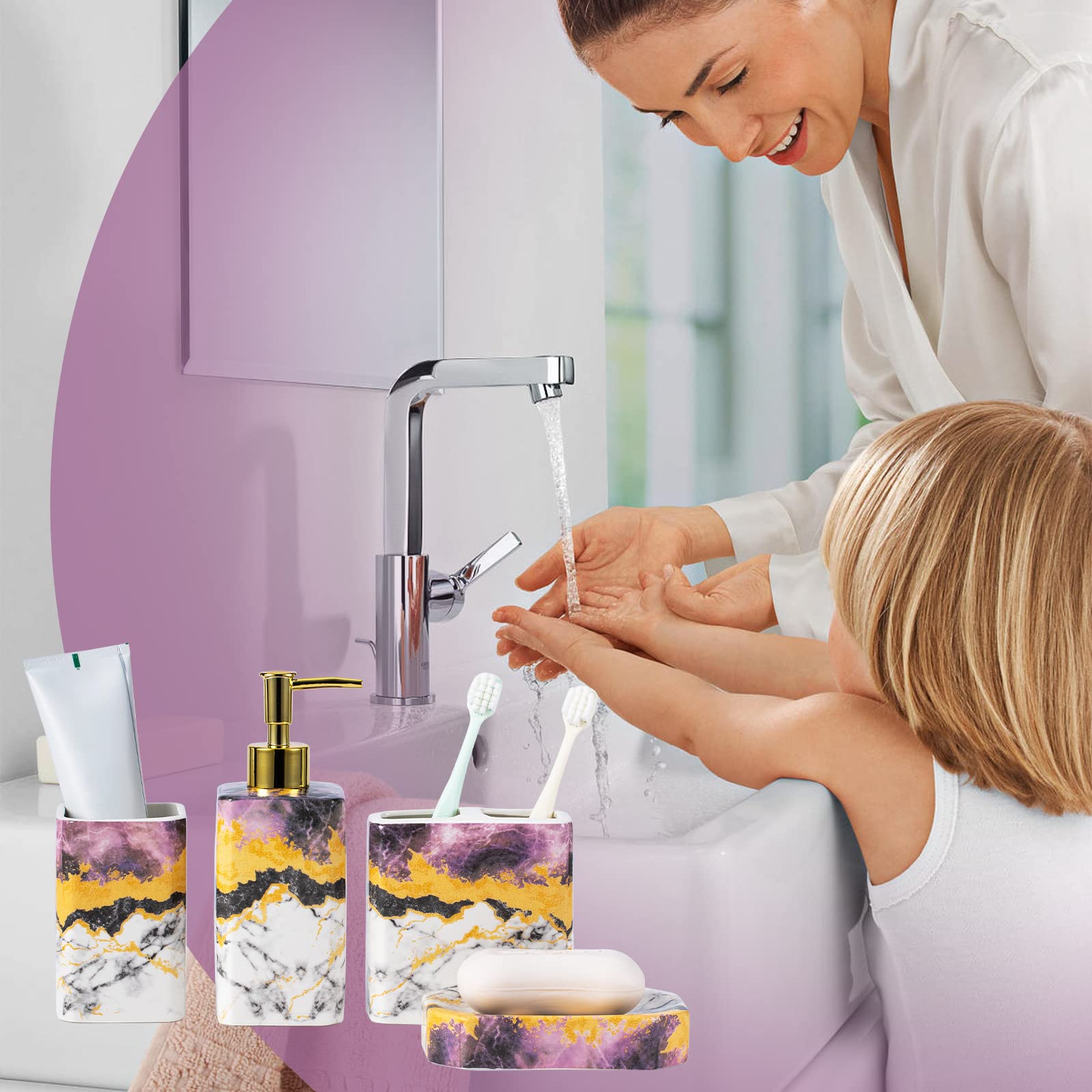 Juego de accesorios de baño de 4 piezas – El juego de accesorios de baño morado incluye dispensador de loción, vaso soporte para cepillo de dientes y jabonera, acabado brillante (mármol, morado)