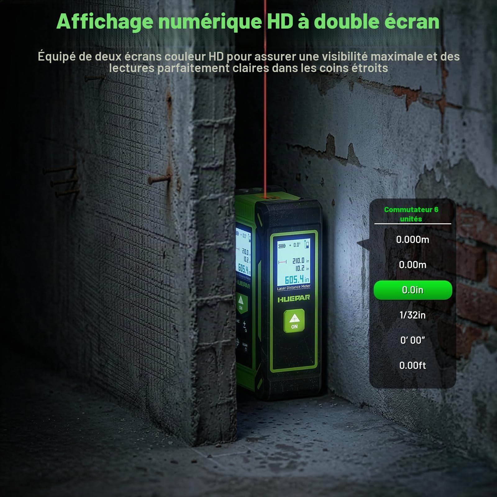 HUEPAR Ruban à Mesurer Laser 4-en-1 Rechargeable 60 m, Haute Précision ±1/16", Double Écran HD, Laser Croix Verte 33 ft + Ruban 10 ft, pour Mesure Distance, Surface, Volume, Pythagore et Nivellement