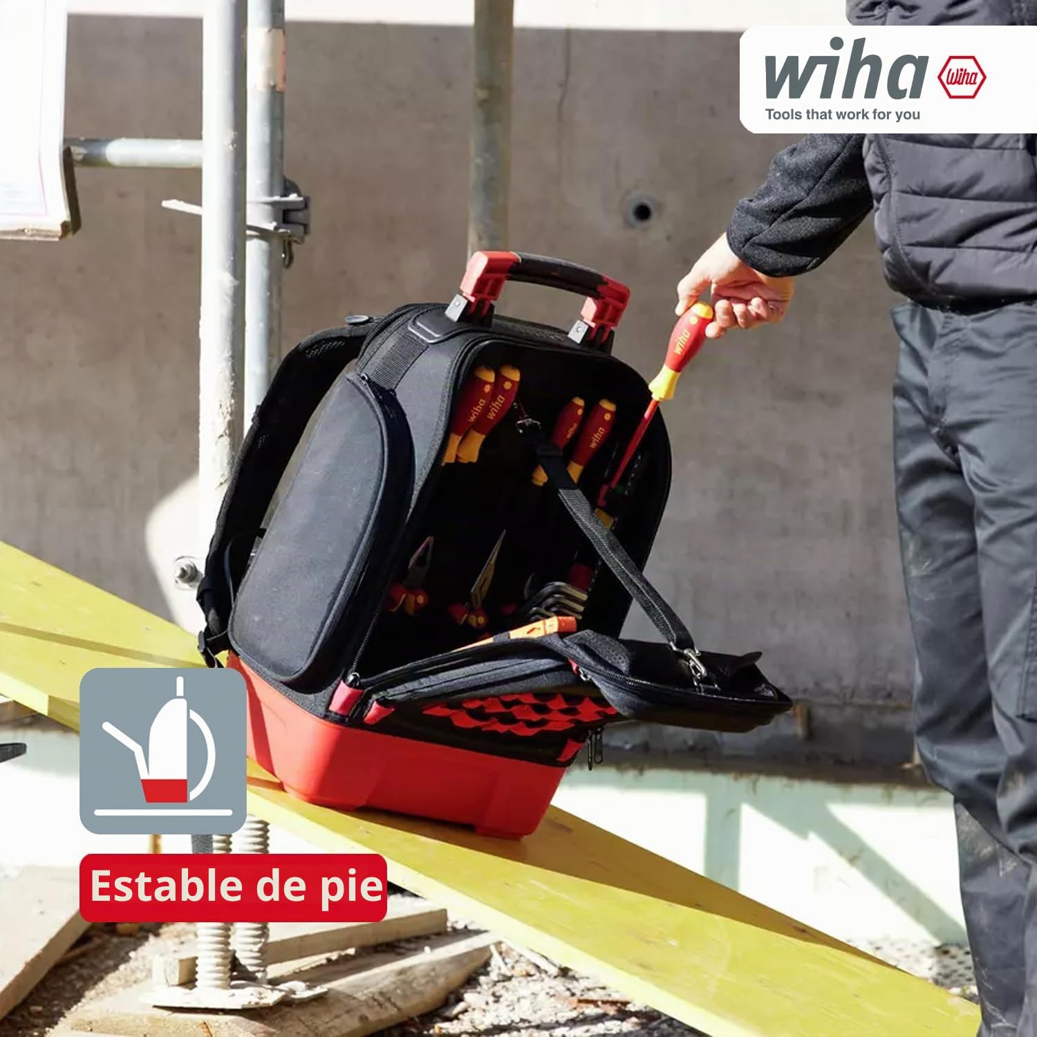 Wiha 27-tlg. - Mochila de herramientas para electricistas I con equipamiento básico para electricistas I base estable I con compartimento para portátil I bolsillos para accesorios (45528) (estándar