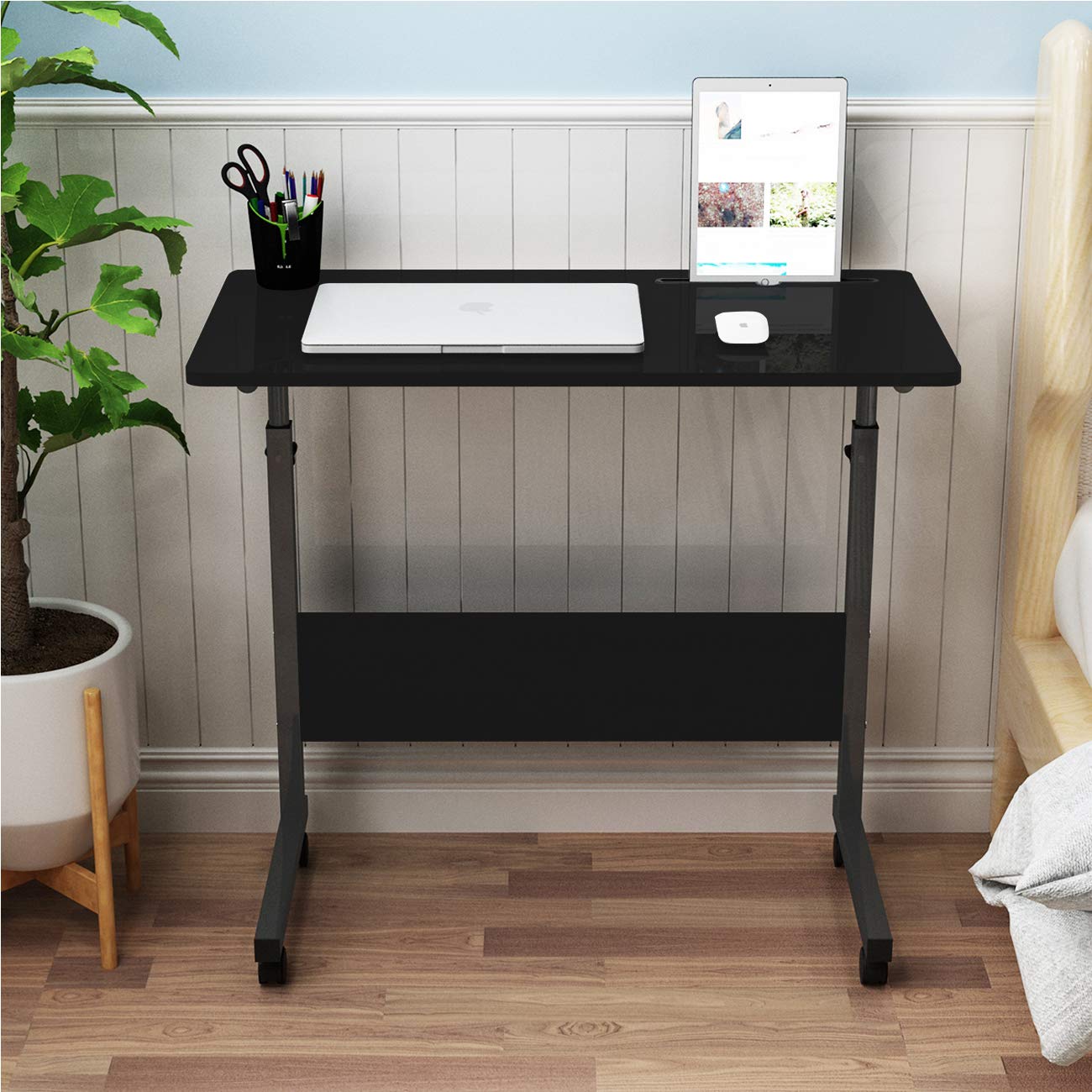Table d'appoint de Style Industriel - SOGESHOME - Blanc - Réglable en hauteur - Roulettes orientables - Maison