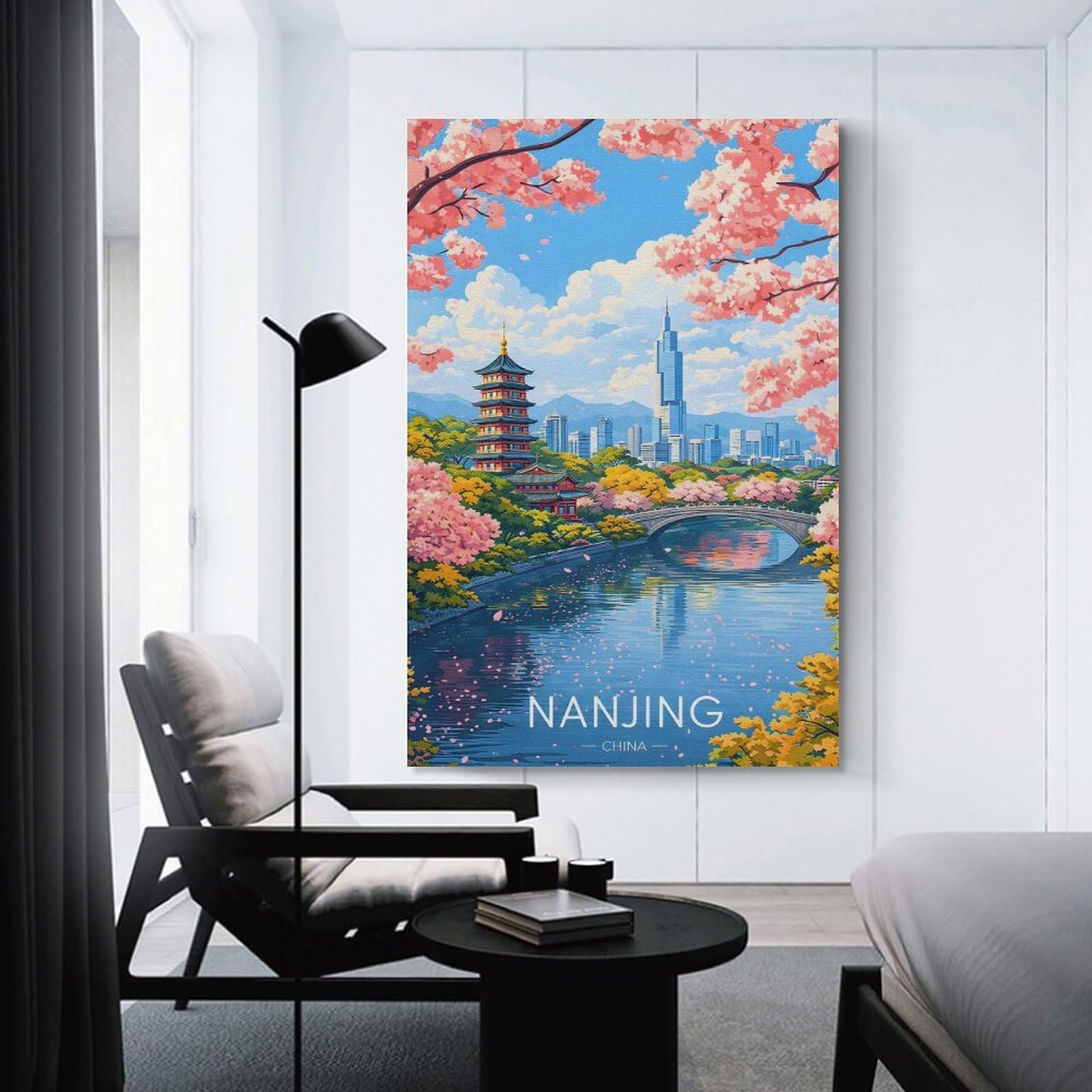 Junmoney Nanjing Cityscape with Cherry Blossoms Room Decor Wall Art, 20x30inch(50x75cm), for Living Room, Bedroom, Office Or Hallway, Decorative Artwork with Broad Appeal