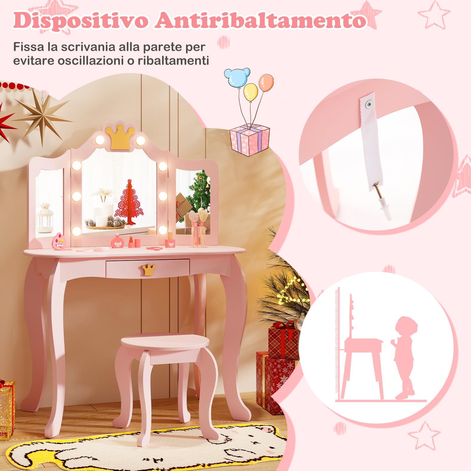 RELAX4LIFE Toeletta Trucco per Bambina con 8 Lampadine LED, 3 Colori di Luci, Specchiera Trucco con Sgabello, Toeletta in Legno, Specchio Rimovibile, per Bambini 3-7 Anni (Rosa)