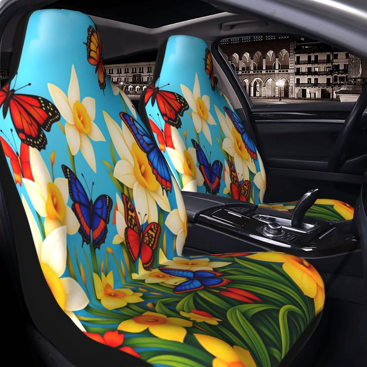 Daffodils Flowers with Butterflies Car Seat Covers Universal Auto Seat Cushion Protector Automotive Interior Decoration for Cars SUV Truck Sedan