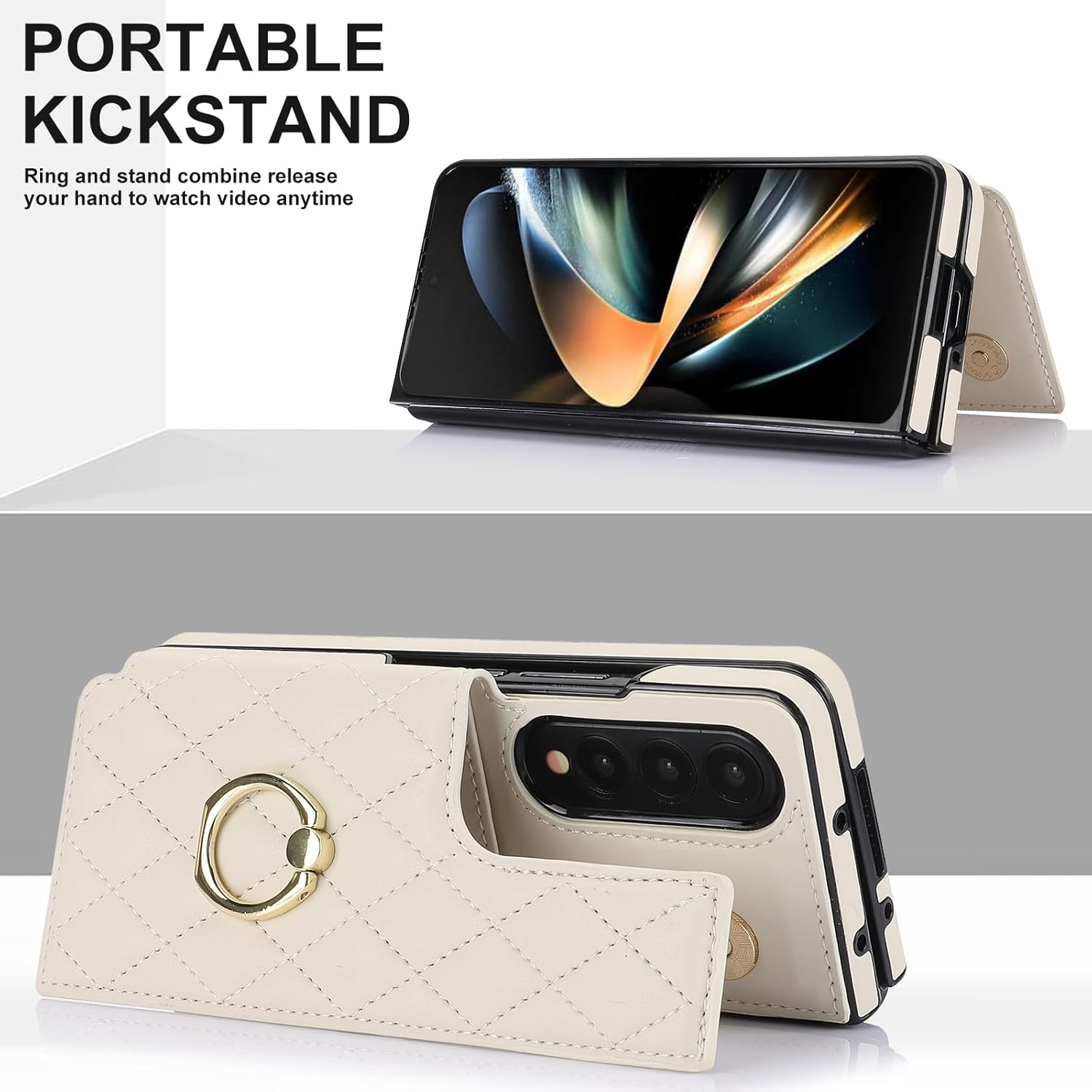 for Samsung Galaxy Z Fold 4 Wallet Case with Ring and Credit Card Holder, Cash Slot, Premium Diamond Leather Magnetic Clasp Kickstand Heavy Duty Protective Cover.(White)