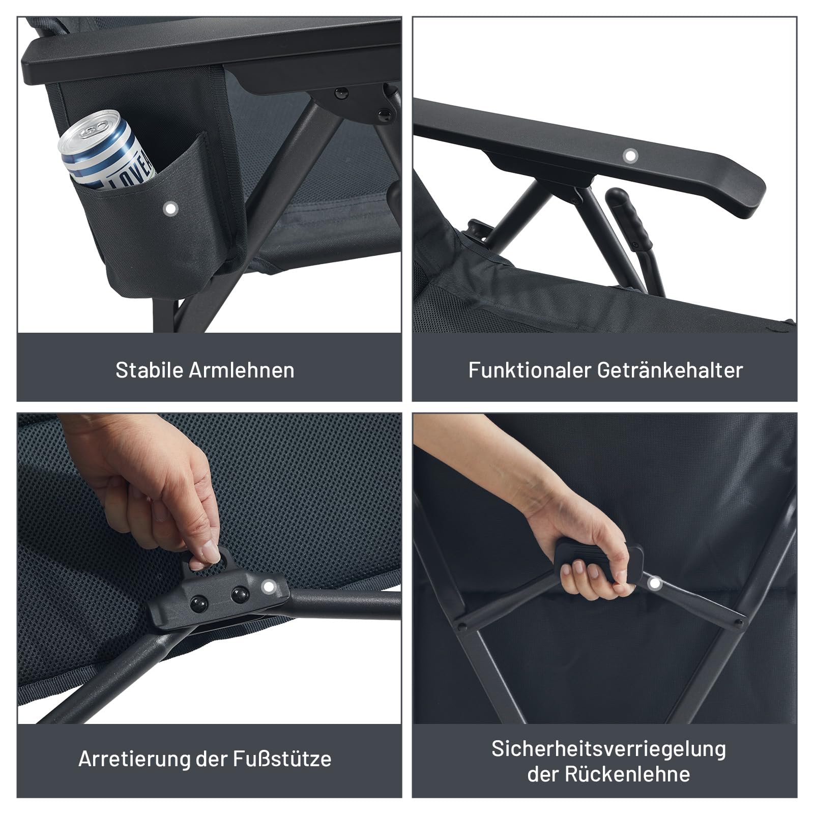 TIMBER RIDGE Faltbarer Campingstuhl mit Fußablage 4-Fach Verstellbarer Rücken Gartenstuhl gepolsterter Sitzfläche 150kg Belastbar Relaxsessel Garten Camping Balkon Wohnmobil