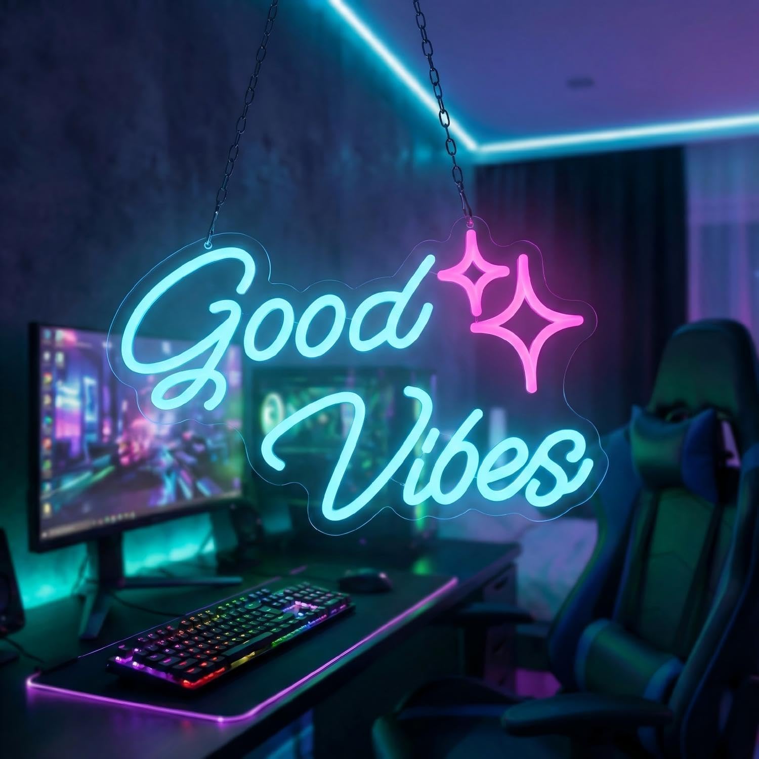 Good Vibes Neon Sign Ice Blue - 16 x 10 Inch Dimmable LED Neon Light with USB/Battery Power, Light Up Sign for Bedroom, Game Room, Living Room Wall Decor